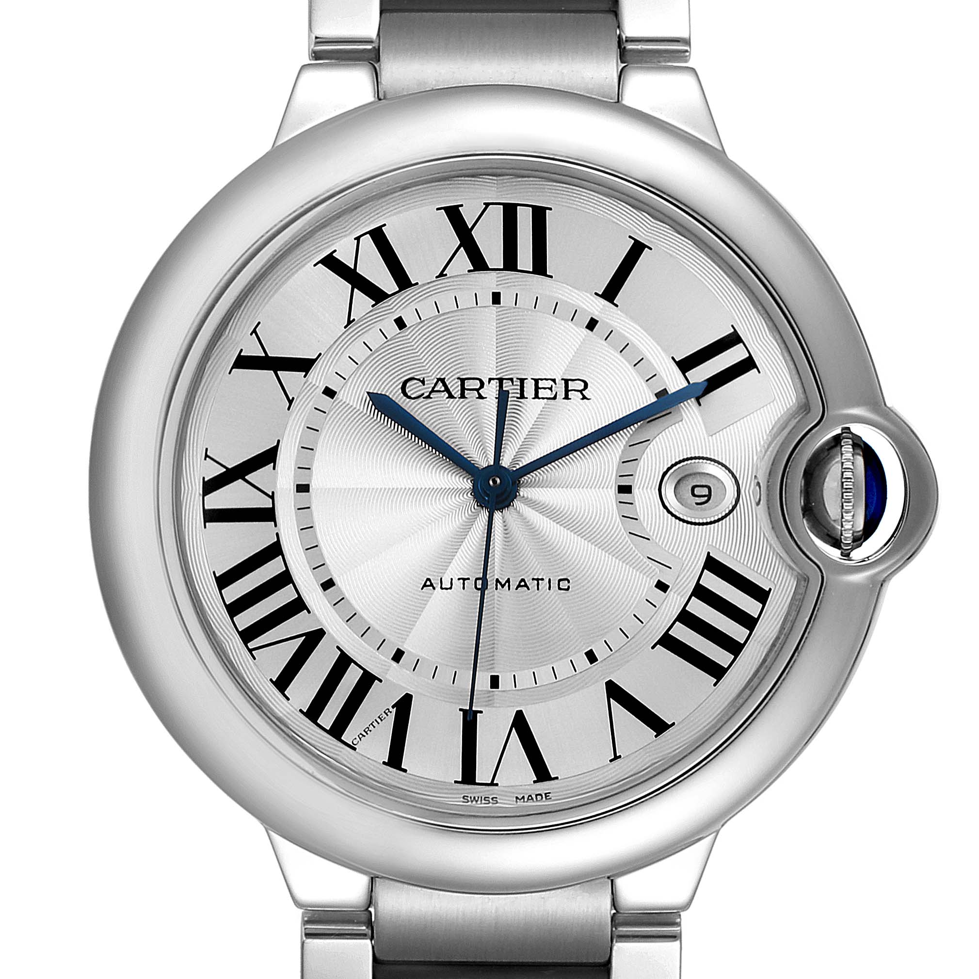 The image shows a frontal view of the Cartier Ballon Bleu W69012Z4 Men's Stainless Steel Silver Dial W69012Z4 Men's Stainless Steel Silver Dial watch, featuring its dial, roman numerals, and crown.