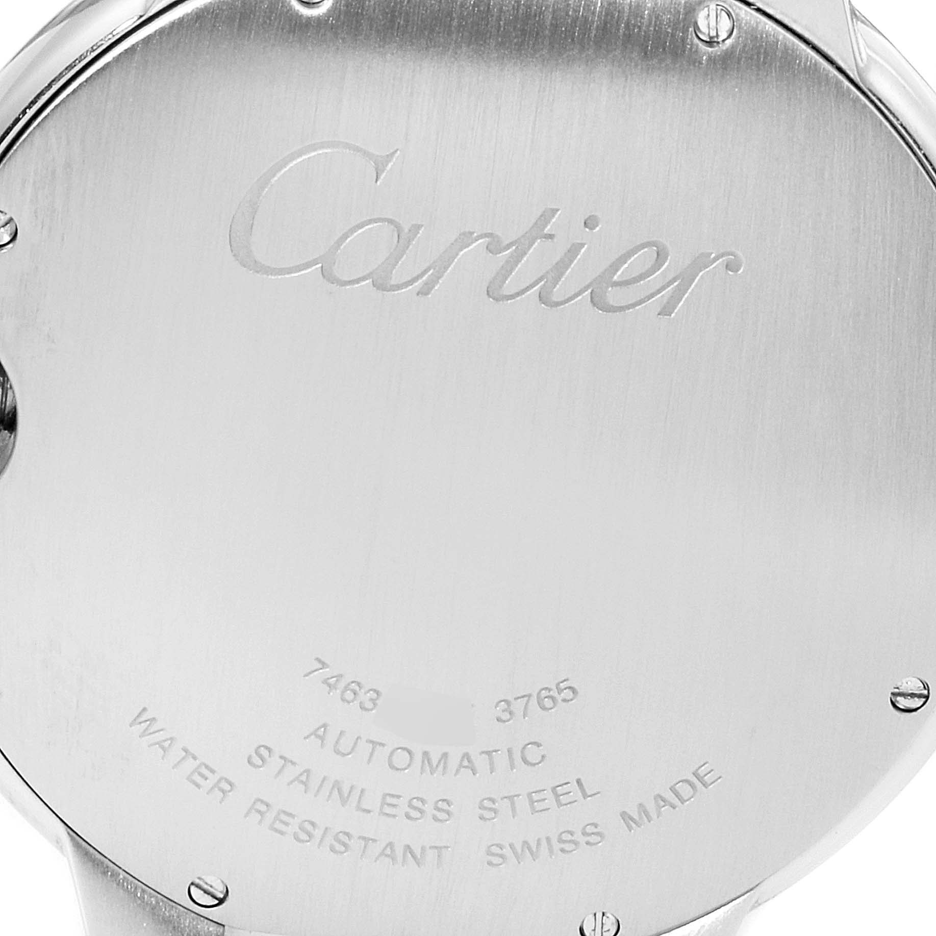 The image shows the back case of a Cartier Ballon Bleu W69012Z4 Men's Stainless Steel Silver Dial W69012Z4 Men's Stainless Steel Silver Dial watch, displaying engraved details and the brand name.