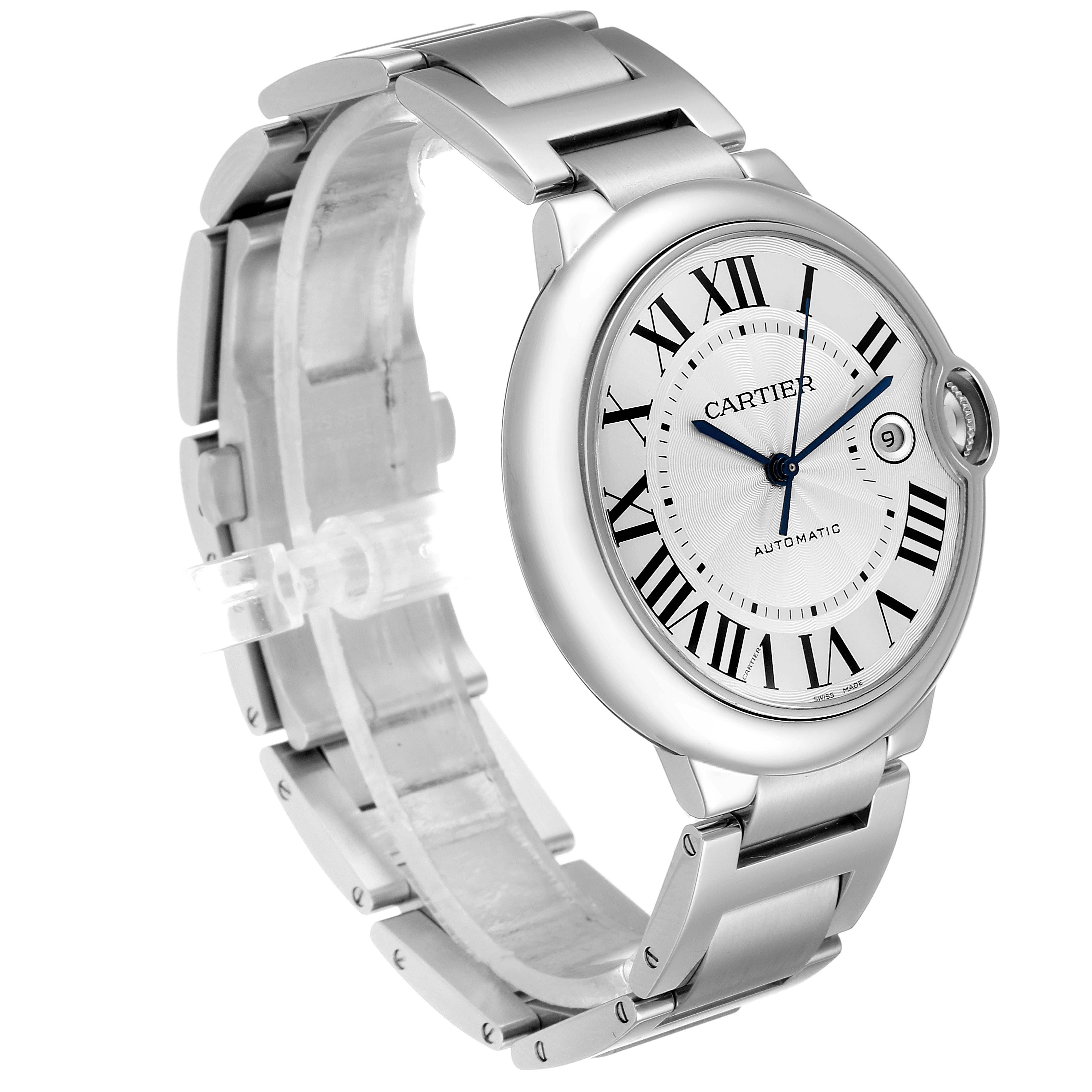 The image shows a Cartier Ballon Bleu W69012Z4 Men's Stainless Steel Silver Dial W69012Z4 Men's Stainless Steel Silver Dial watch angled from the front left, highlighting the face and stainless steel bracelet.