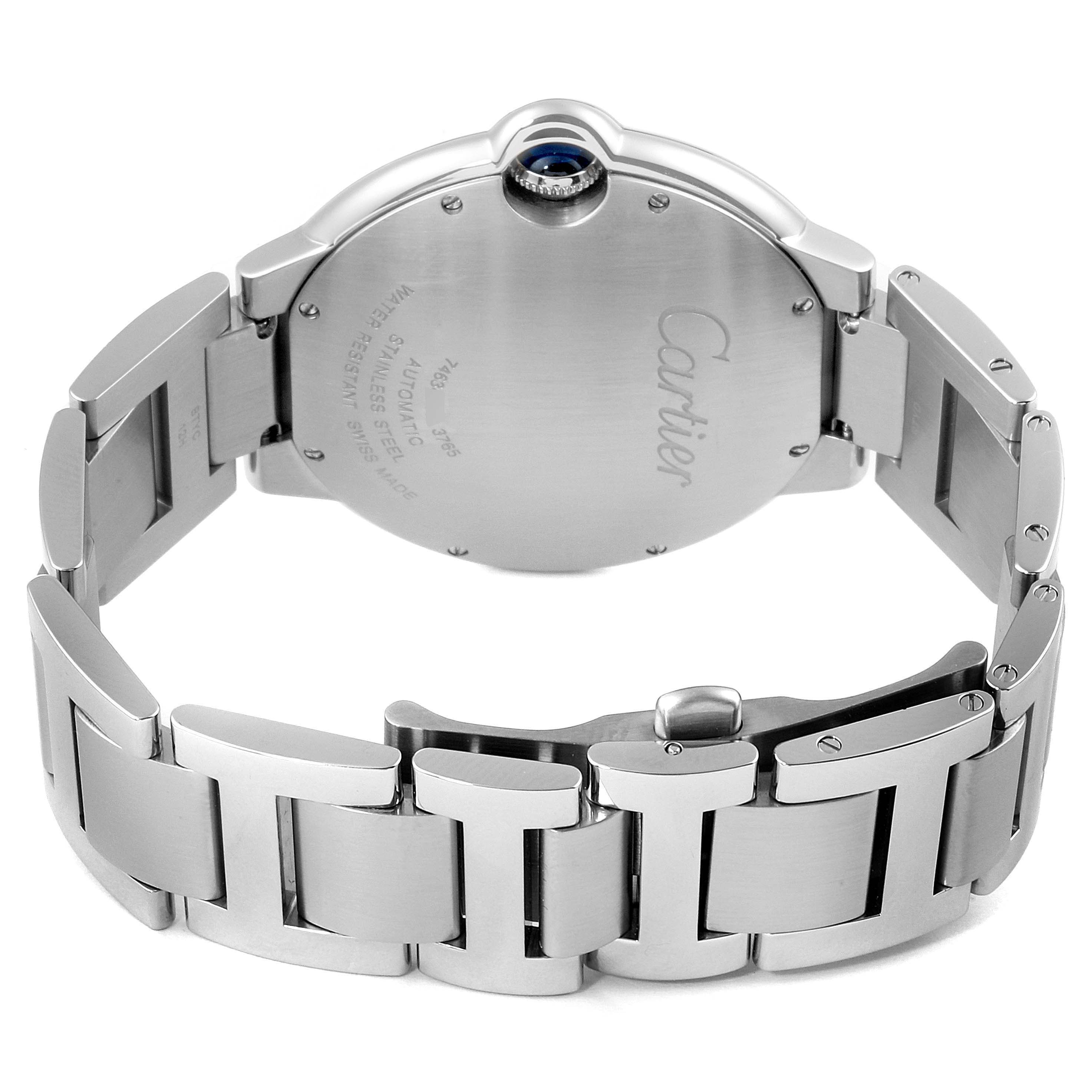 This image shows the back view of a Ballon Bleu de Cartier watch, focusing on the case back and metal bracelet.