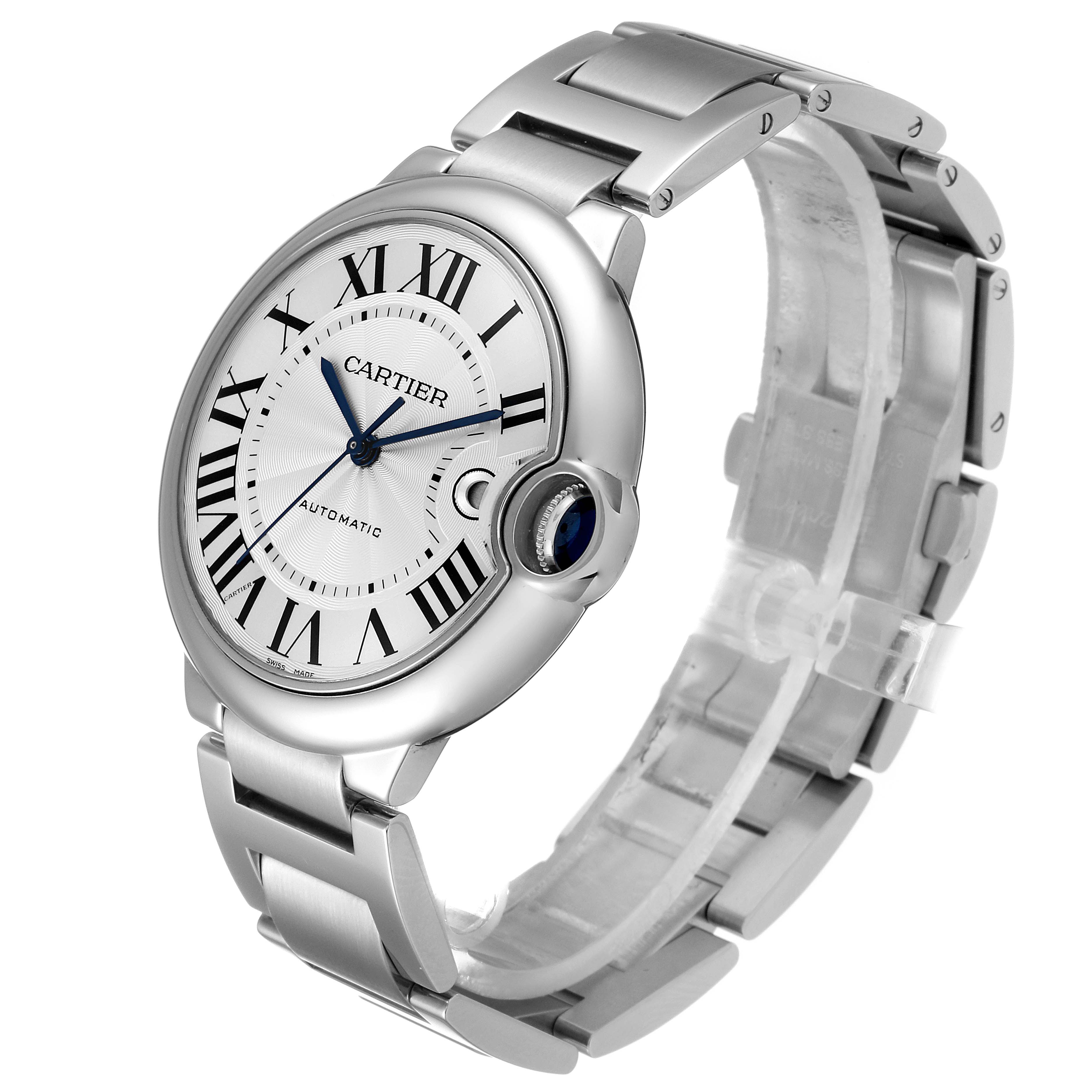 The image shows a Ballon Bleu de Cartier watch at a three-quarter angle, highlighting its face, crown, and metal bracelet.