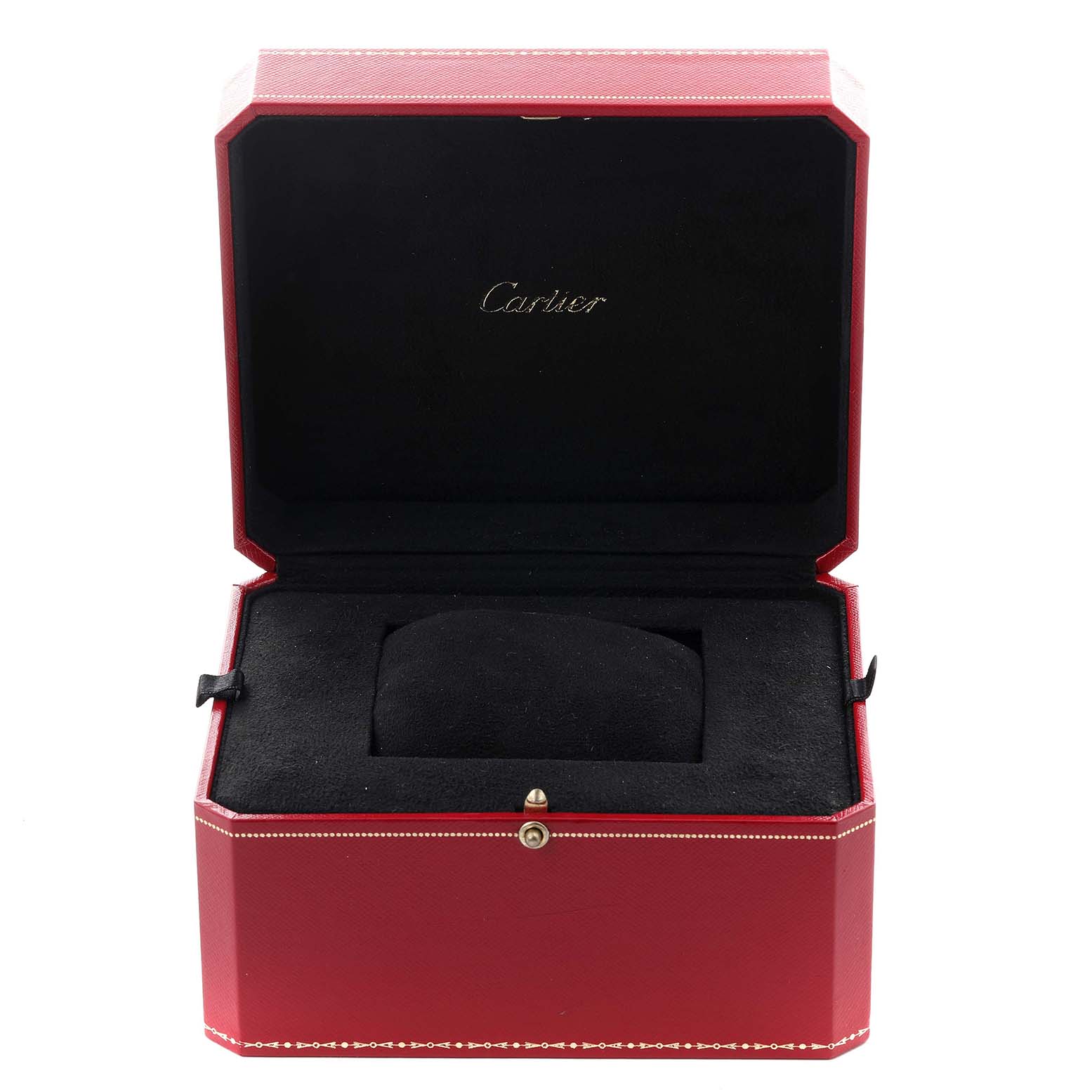 The image shows an open red Cartier box, likely for a Calibre de Cartier watch, revealing a black interior and pillow.