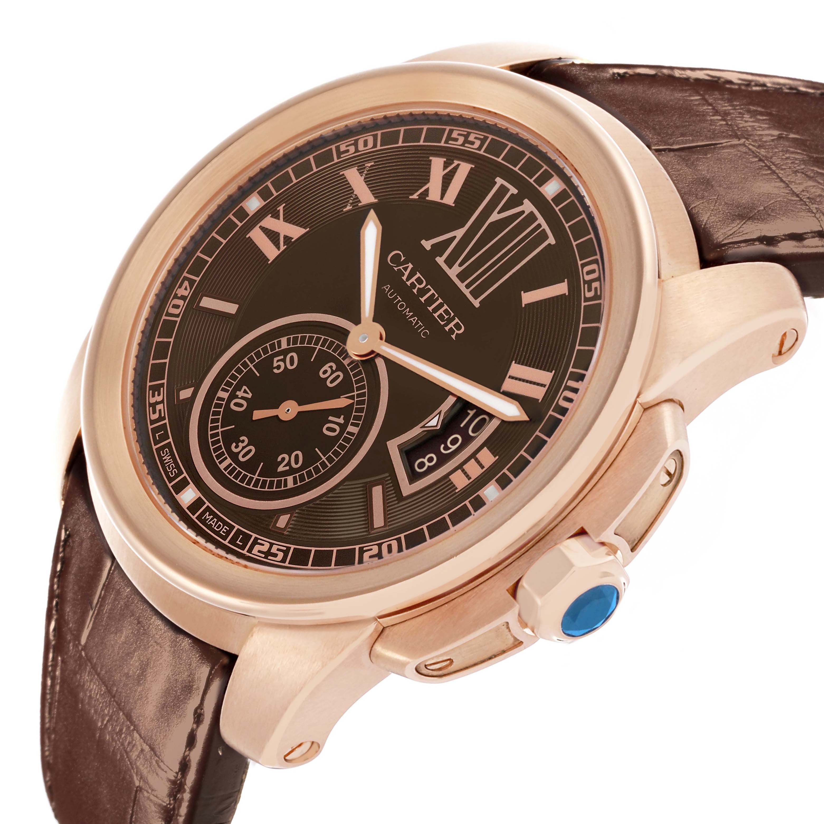 The Calibre de Cartier model W7100007 men's watch is shown at an angled view, highlighting the dial, case, side crown, and strap.