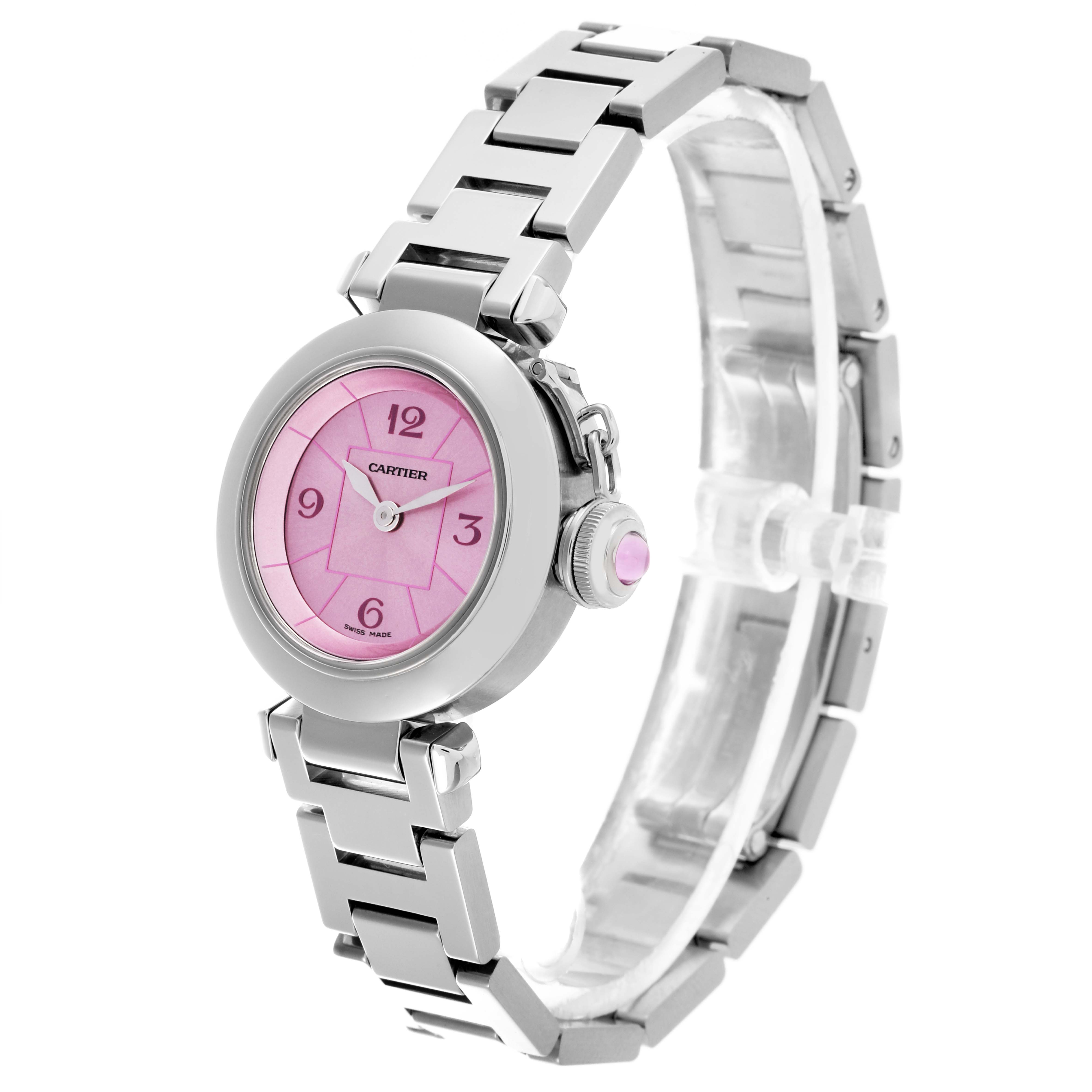 The Cartier Pasha W3140023 Women's Stainless Steel Pink Dial W3140023 Women's Stainless Steel Pink Dial watch is shown at a three-quarter angle, highlighting the pink dial, crown, and metal bracelet.