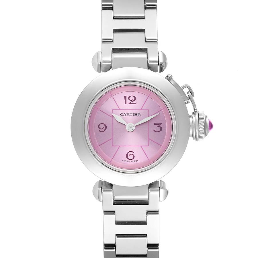 The image shows a front view of a Cartier Pasha watch, highlighting its pink dial and stainless steel bracelet.