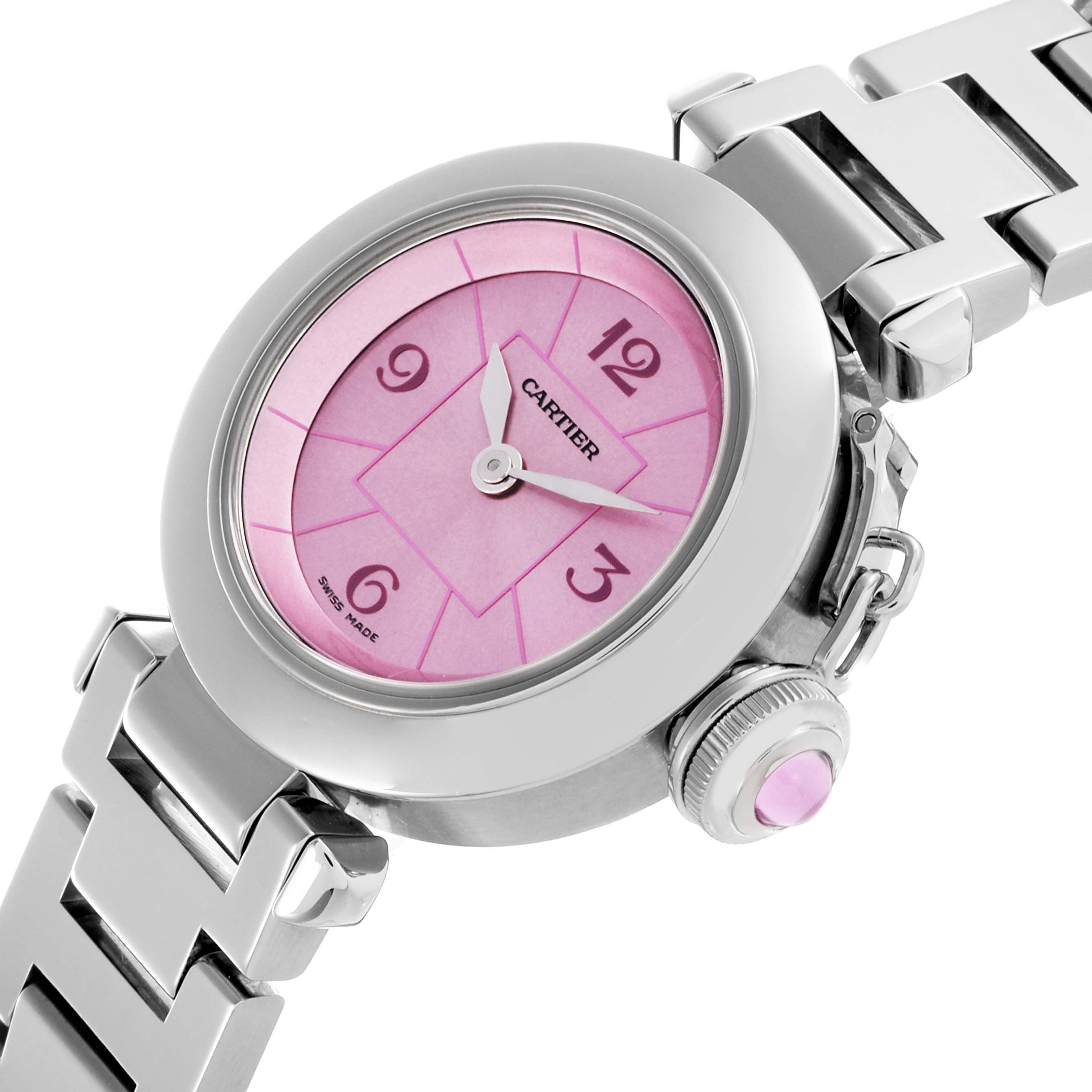 The Cartier Pasha W3140023 Women's Stainless Steel Pink Dial W3140023 Women's Stainless Steel Pink Dial watch is shown in a side angle, displaying the pink dial, crown, and metal bracelet details.