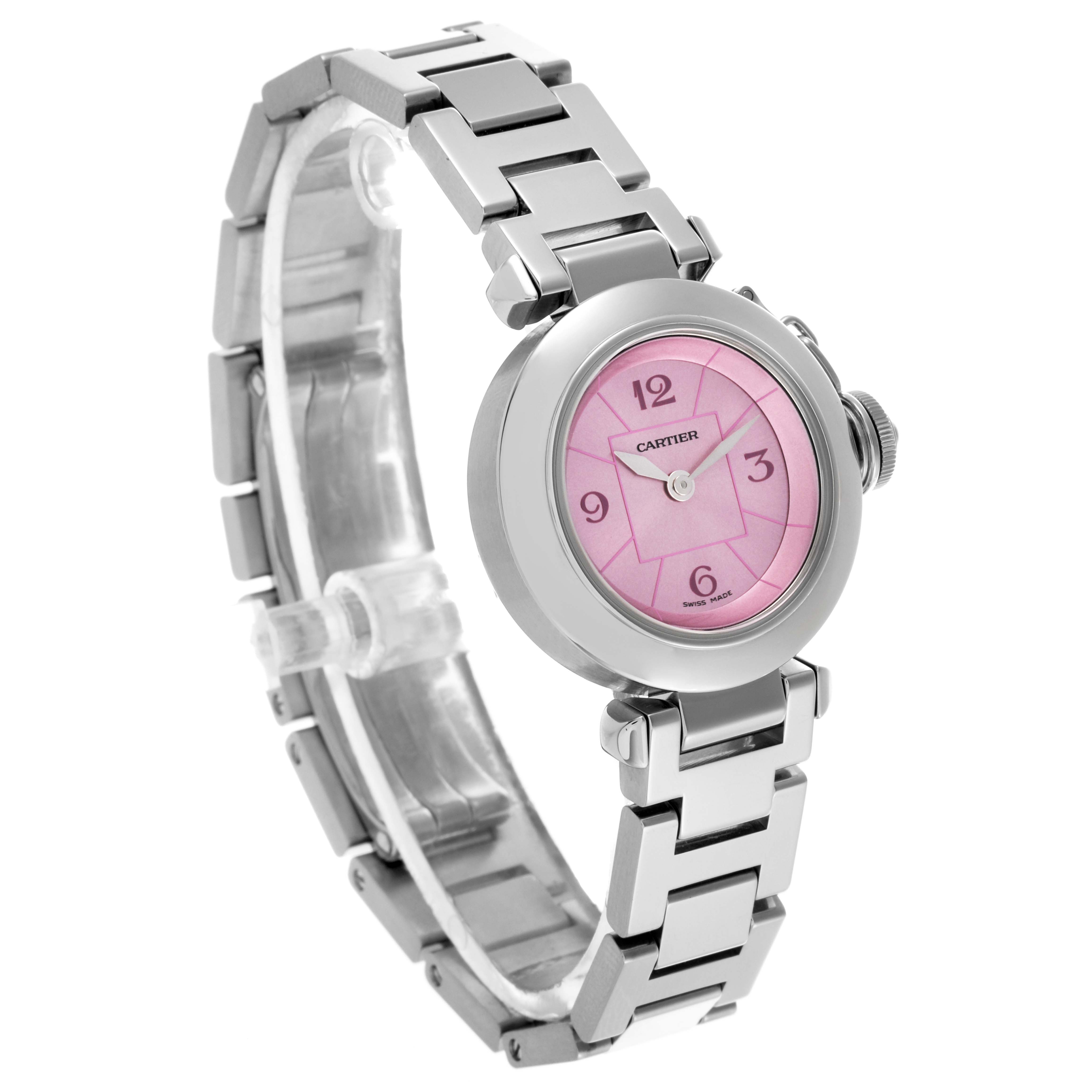 The Cartier Pasha W3140023 Women's Stainless Steel Pink Dial W3140023 Women's Stainless Steel Pink Dial watch is shown at a three-quarter angle, highlighting the pink dial and metal bracelet.