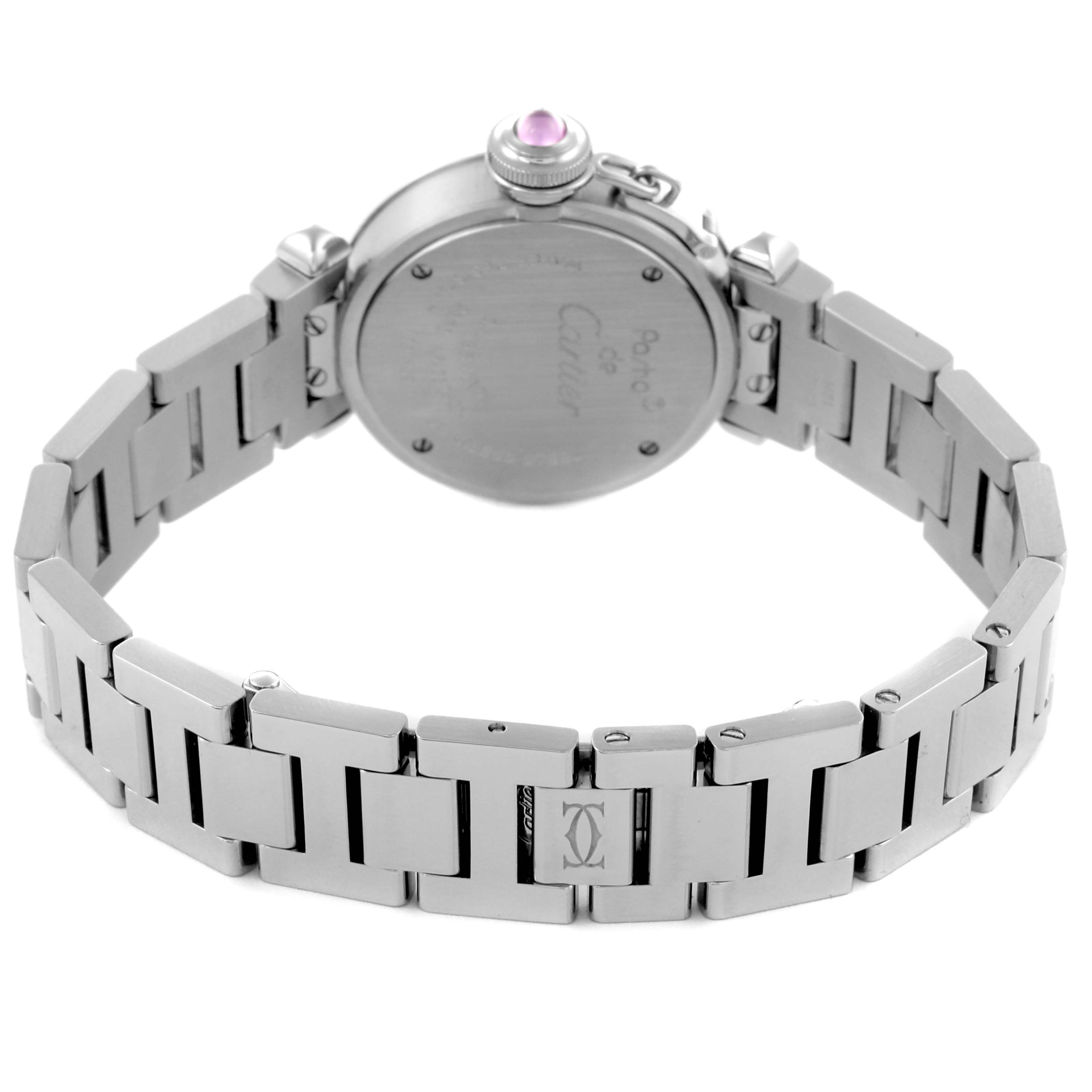 The image shows the back of the Cartier Pasha W3140023 Women's Stainless Steel Pink Dial W3140023 Women's Stainless Steel Pink Dial watch, highlighting the case back and stainless steel bracelet.