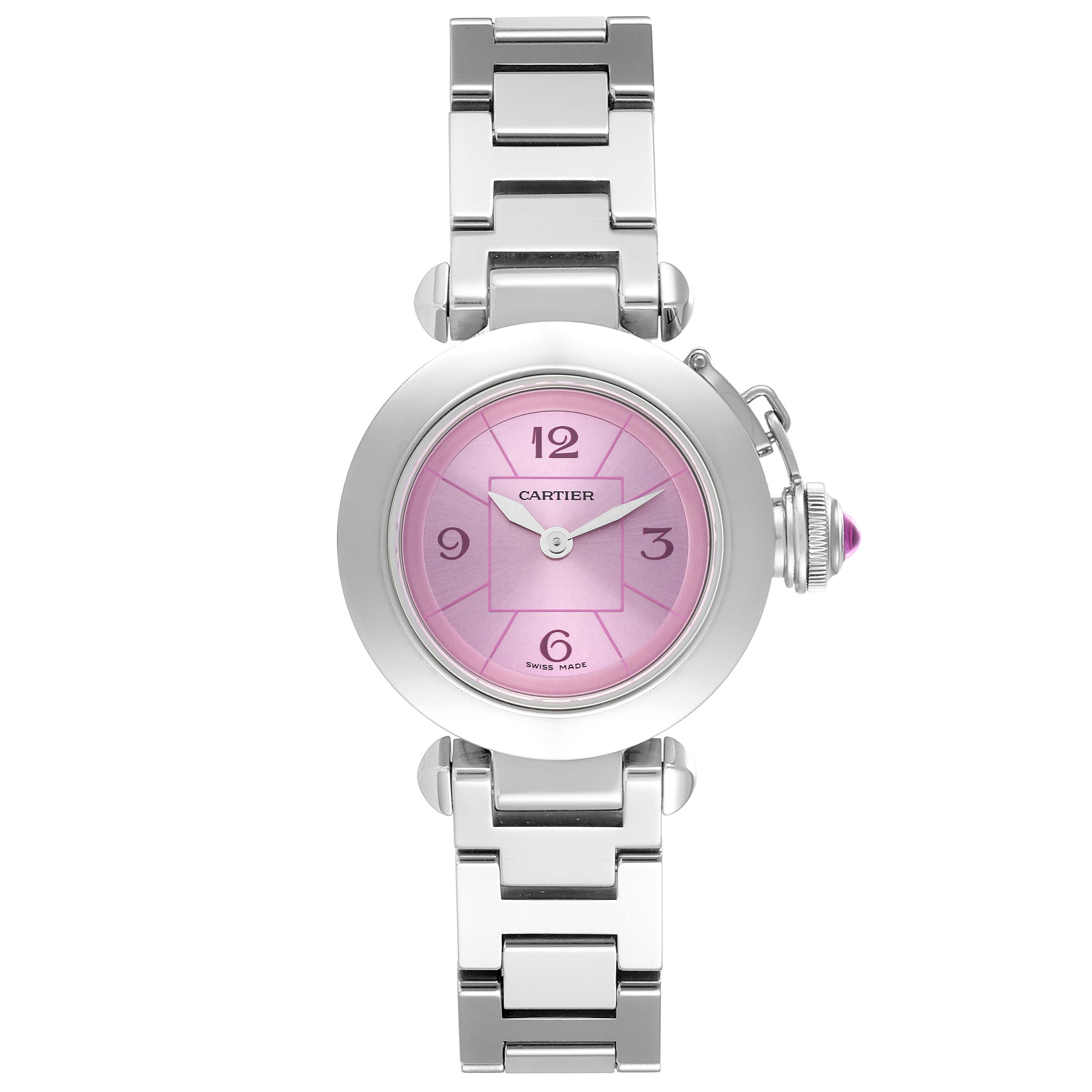 The Cartier Pasha W3140023 Women's Stainless Steel Pink Dial W3140023 Women's Stainless Steel Pink Dial watch is shown from a top-down angle, displaying the entire face, case, and part of the bracelet.