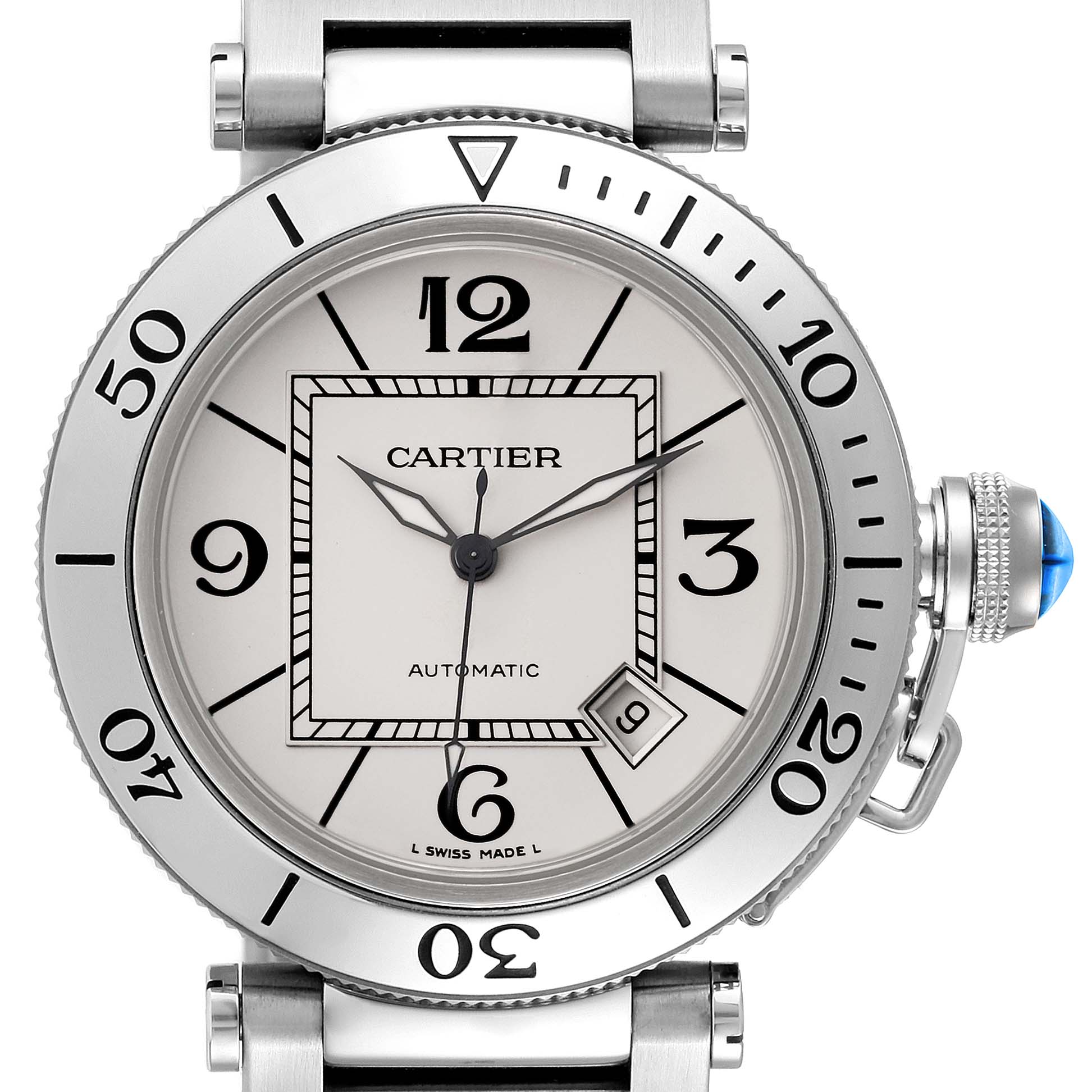 The Cartier Pasha W31080M7 Men's Stainless Steel Silver Dial W31080M7 Men's Stainless Steel Silver Dial watch is shown from a direct front angle, highlighting the face, bezel, and crown with a blue cabochon.