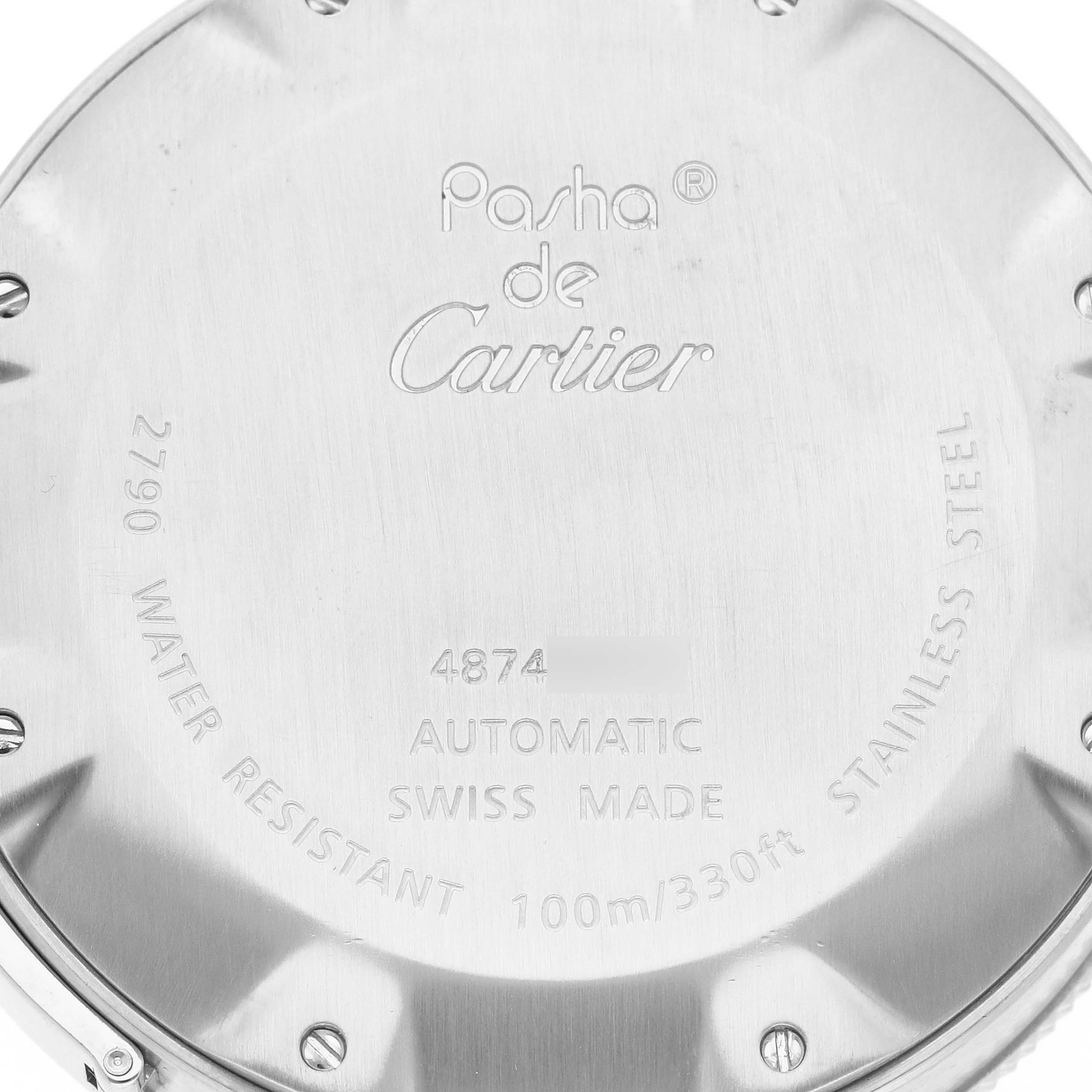 The image shows the back of a Cartier Pasha W31080M7 Men's Stainless Steel Silver Dial W31080M7 Men's Stainless Steel Silver Dial watch, highlighting details like water resistance and material.