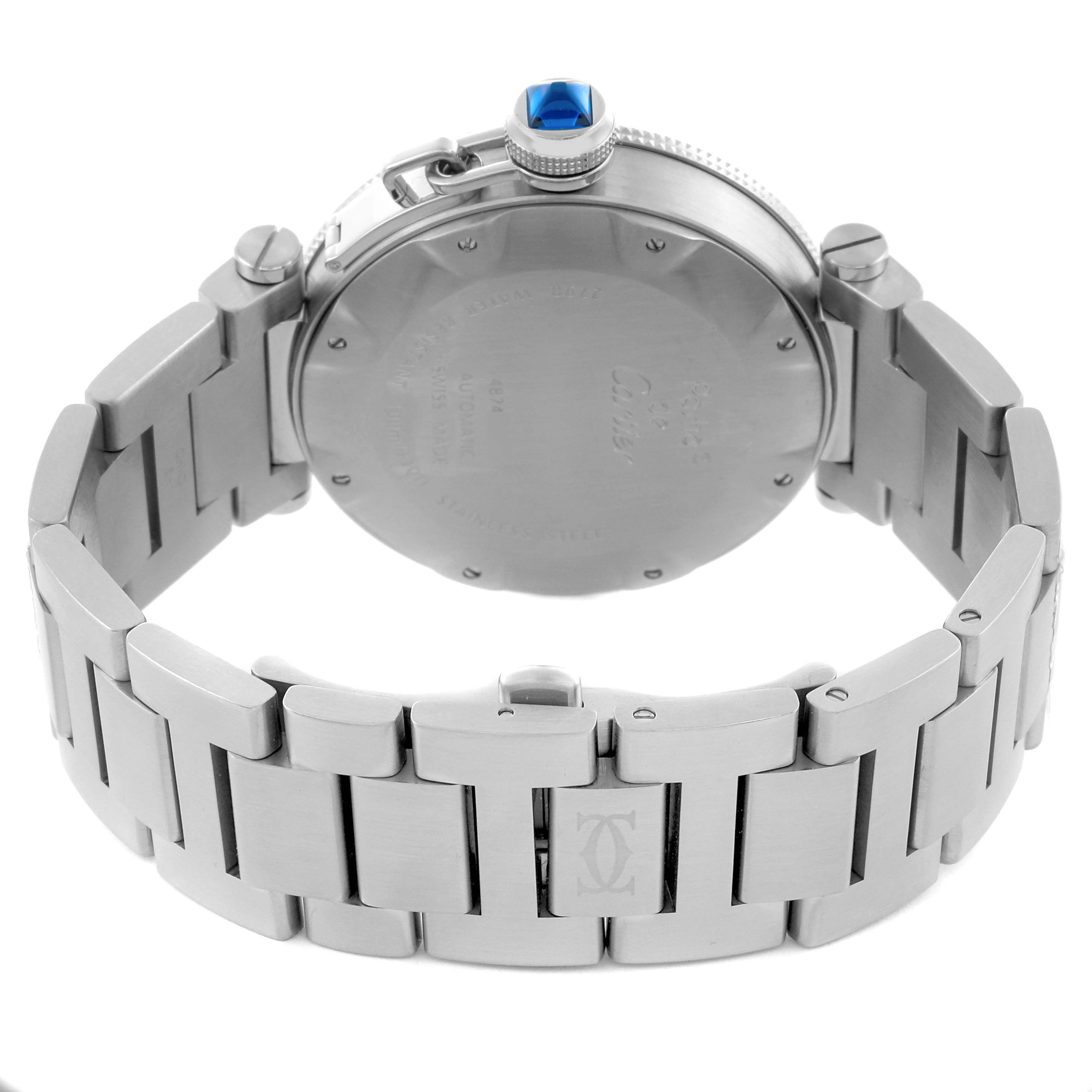 The image shows the back view of the Cartier Pasha W31080M7 Men's Stainless Steel Silver Dial W31080M7 Men's Stainless Steel Silver Dial watch, highlighting the metal bracelet and case back.