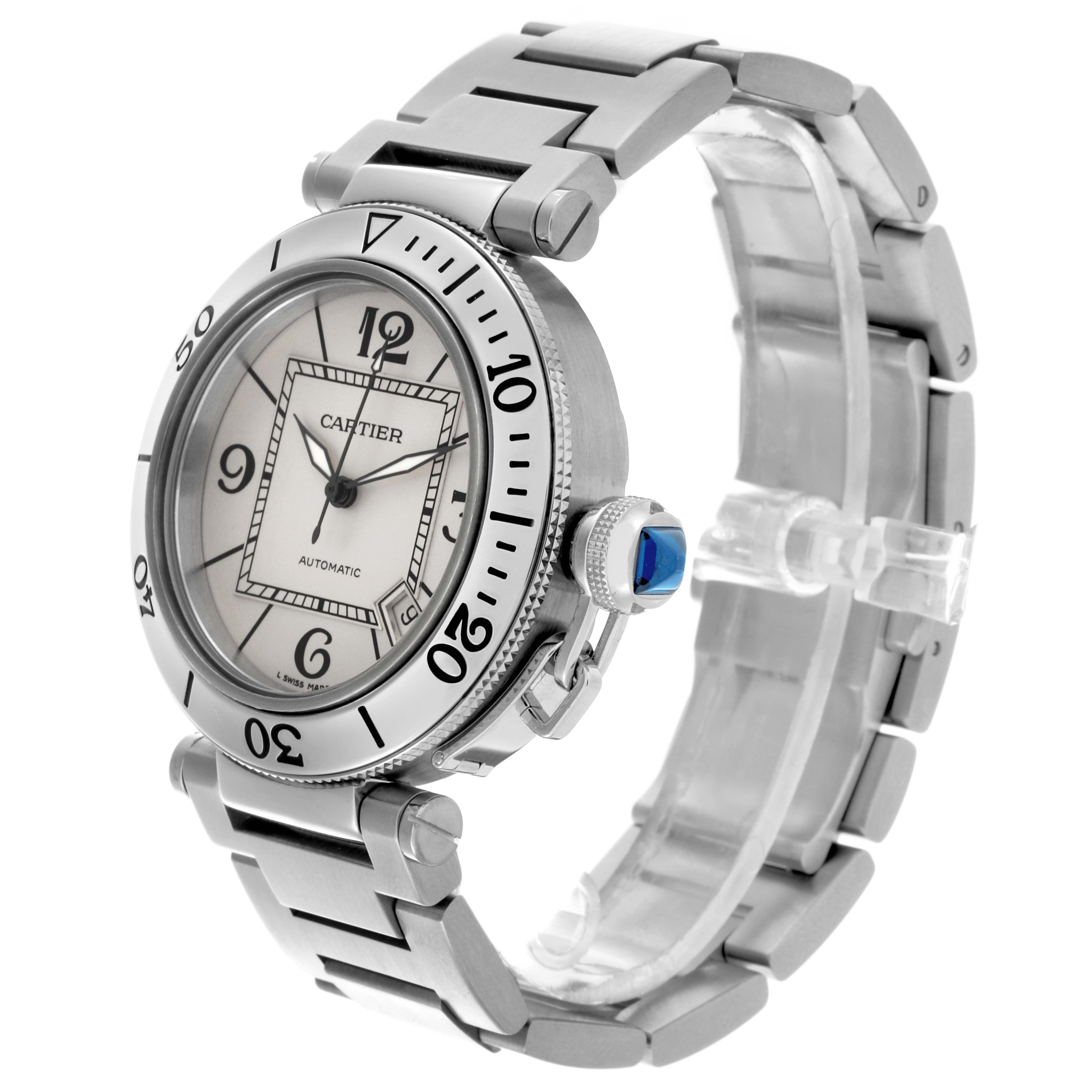 The Cartier Pasha W31080M7 Men's Stainless Steel Silver Dial W31080M7 Men's Stainless Steel Silver Dial watch is shown at a three-quarter angle, displaying the dial, bezel, crown, and bracelet.
