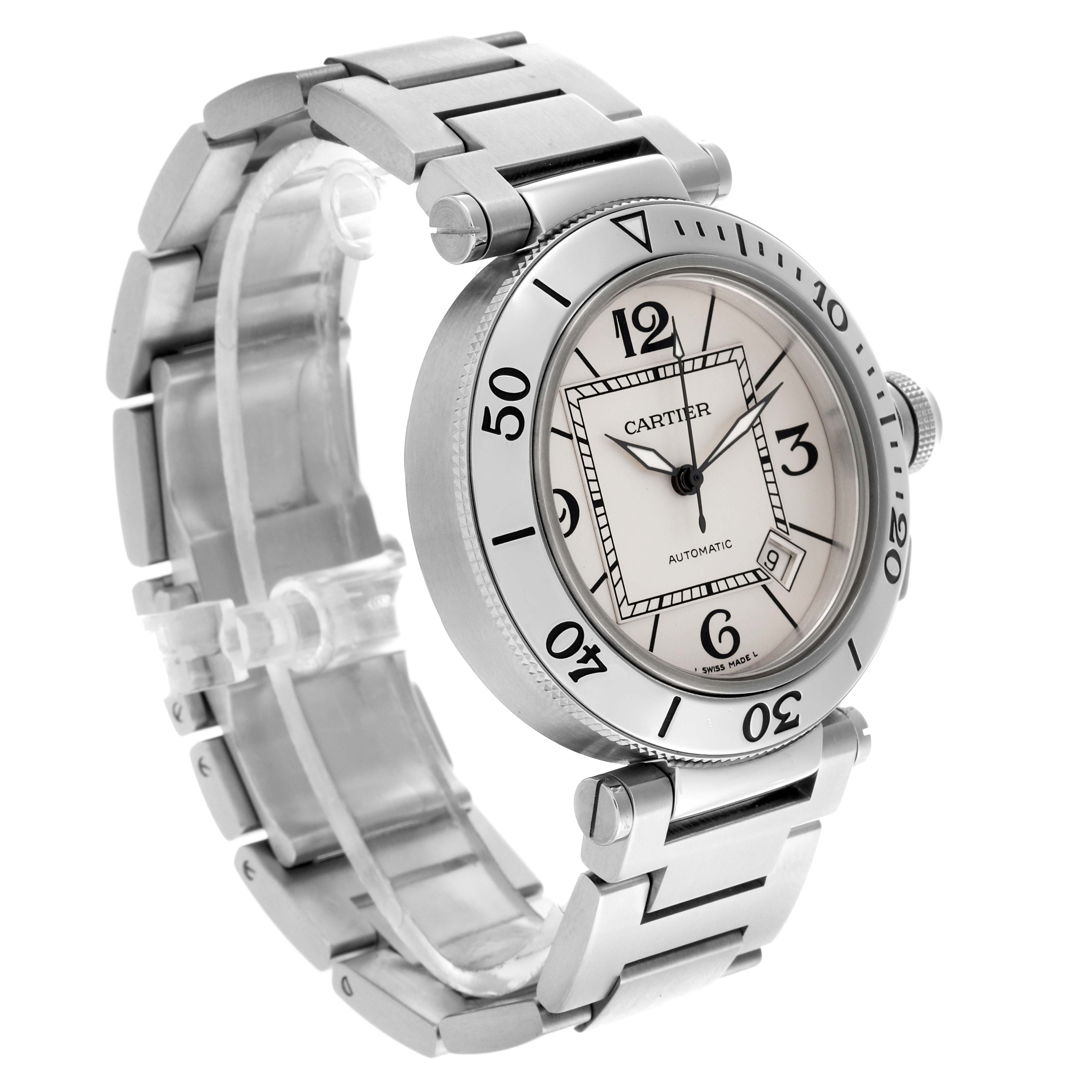The Cartier Pasha W31080M7 Men's Stainless Steel Silver Dial W31080M7 Men's Stainless Steel Silver Dial watch is shown at a three-quarter angle, highlighting the face, bezel, and part of the bracelet.