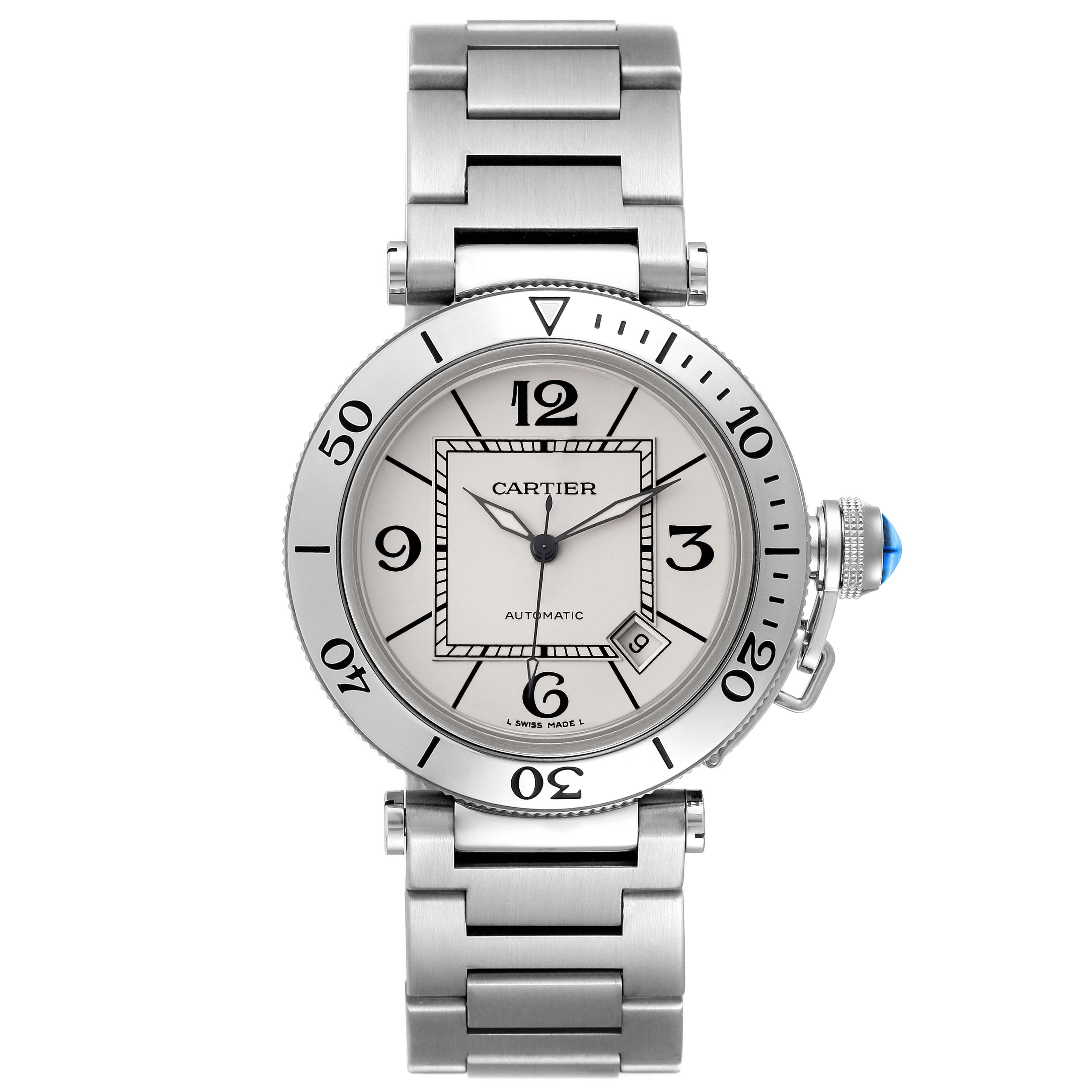The Cartier Pasha W31080M7 Men's Stainless Steel Silver Dial W31080M7 Men's Stainless Steel Silver Dial watch is shown from a front view displaying the face, bezel, and part of the bracelet.