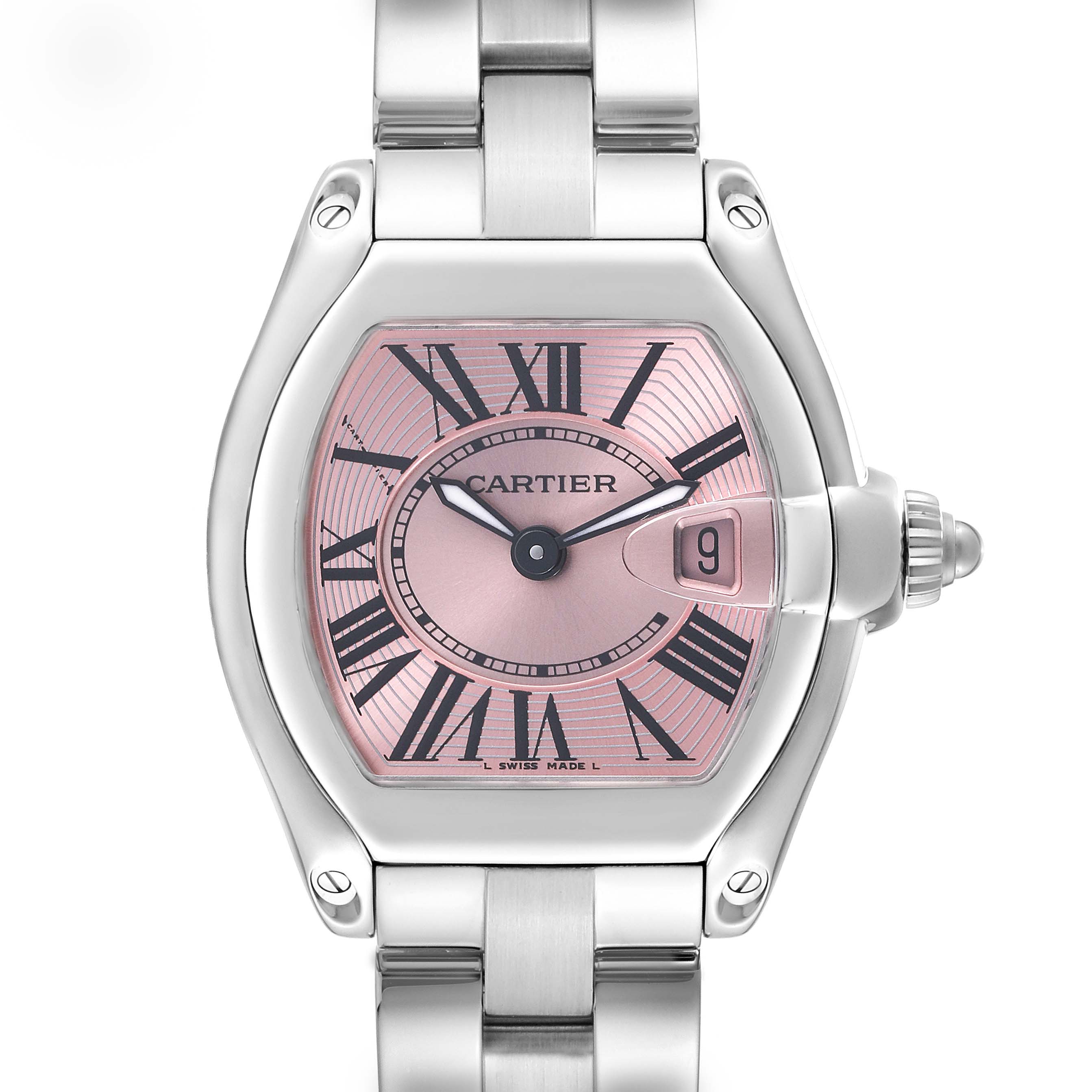 This Cartier Roadster W62017V3 Women's Stainless Steel Pink Dial W62017V3 Women's Stainless Steel Pink Dial watch is shown from the front, highlighting its pink dial, Roman numerals, and date window.