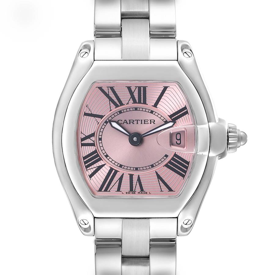 This Cartier Roadster watch is shown from the front, highlighting its pink dial, Roman numerals, and date window.