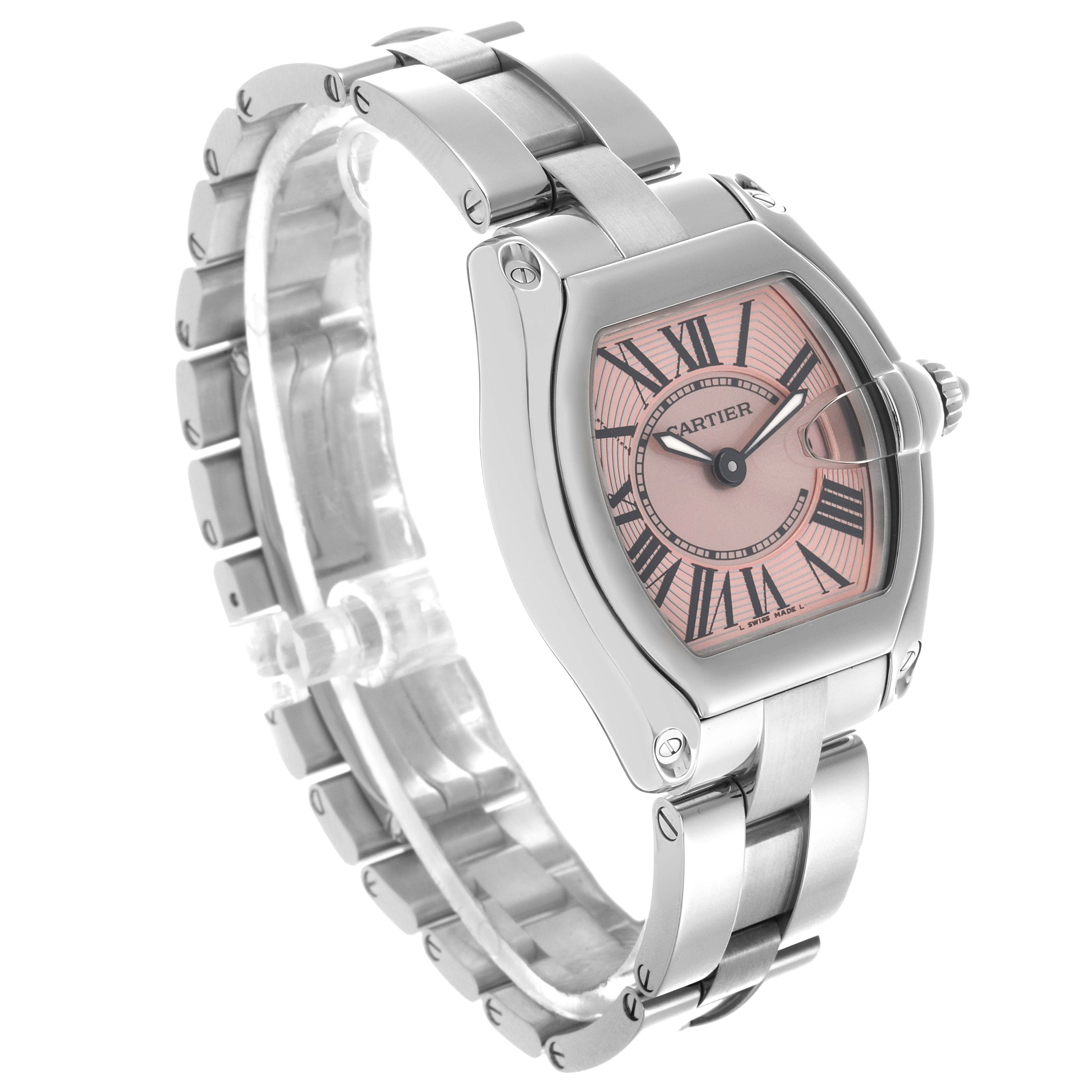 The Cartier Roadster W62017V3 Women's Stainless Steel Pink Dial W62017V3 Women's Stainless Steel Pink Dial watch is shown at an angled view, highlighting the dial, casing, and linked bracelet.