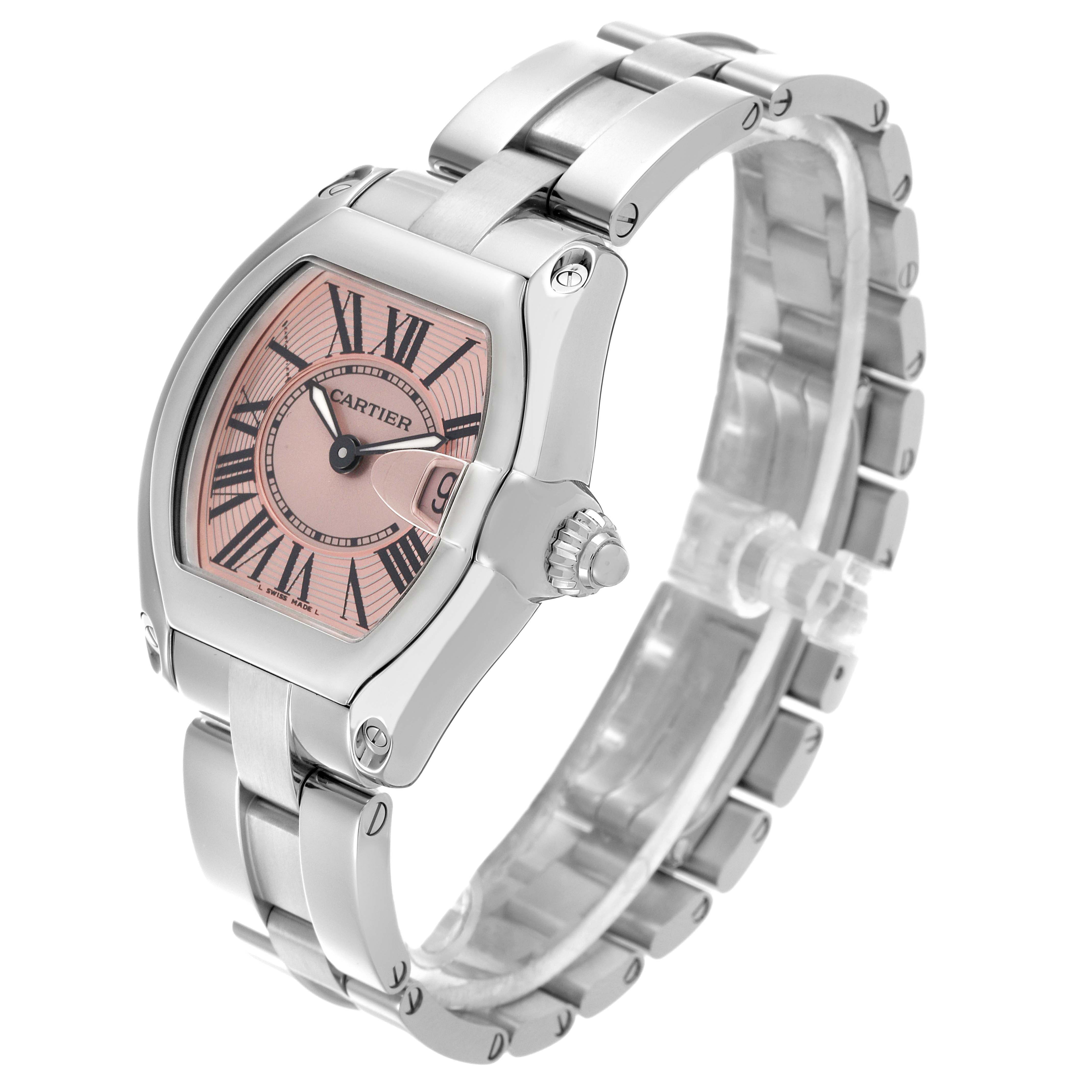 The Cartier Roadster W62017V3 Women's Stainless Steel Pink Dial W62017V3 Women's Stainless Steel Pink Dial watch is shown at a three-quarter angle, displaying the bezel, dial, crown, and bracelet.