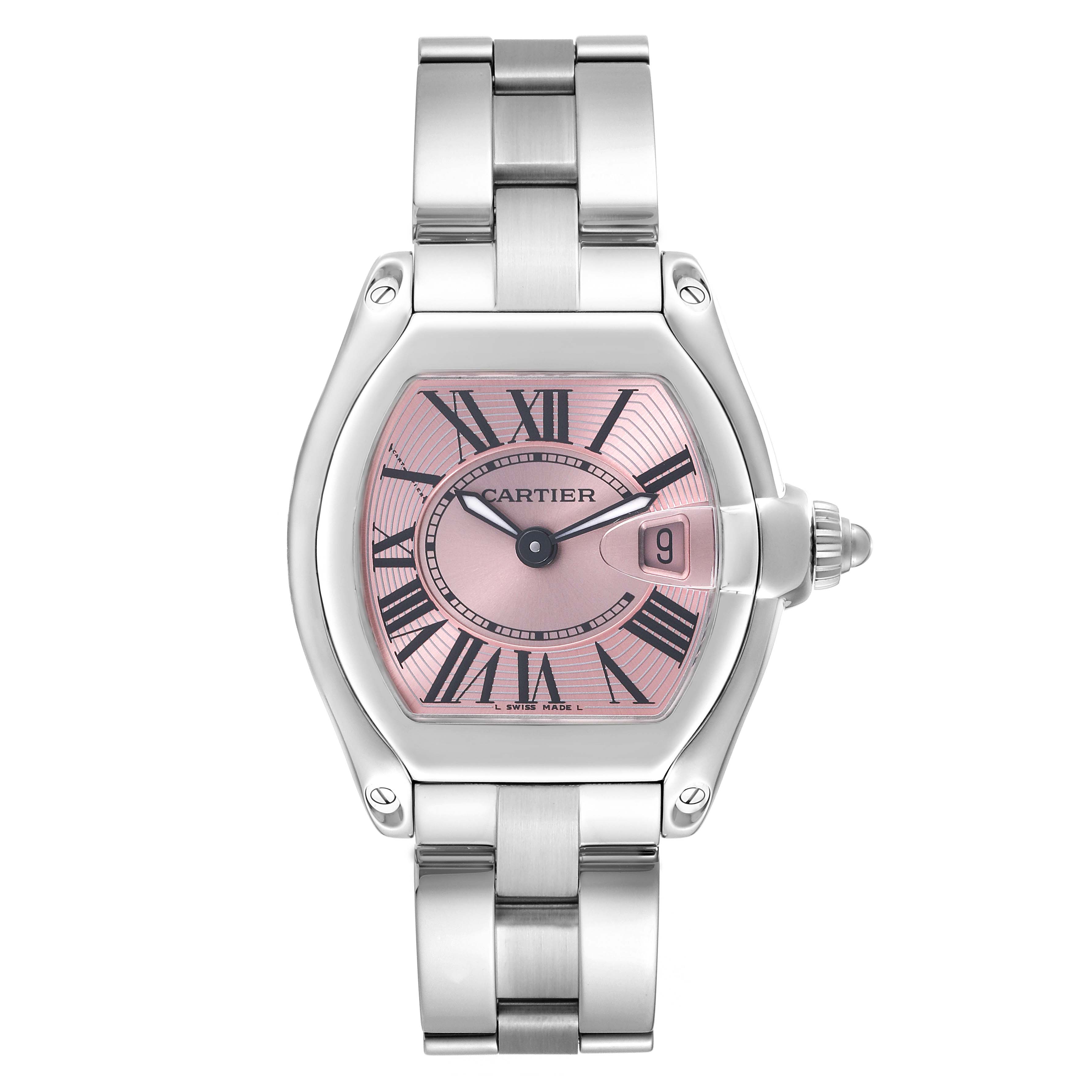 The Cartier Roadster W62017V3 Women's Stainless Steel Pink Dial W62017V3 Women's Stainless Steel Pink Dial watch is shown from the front, highlighting its pink dial, Roman numerals, and stainless steel bracelet.