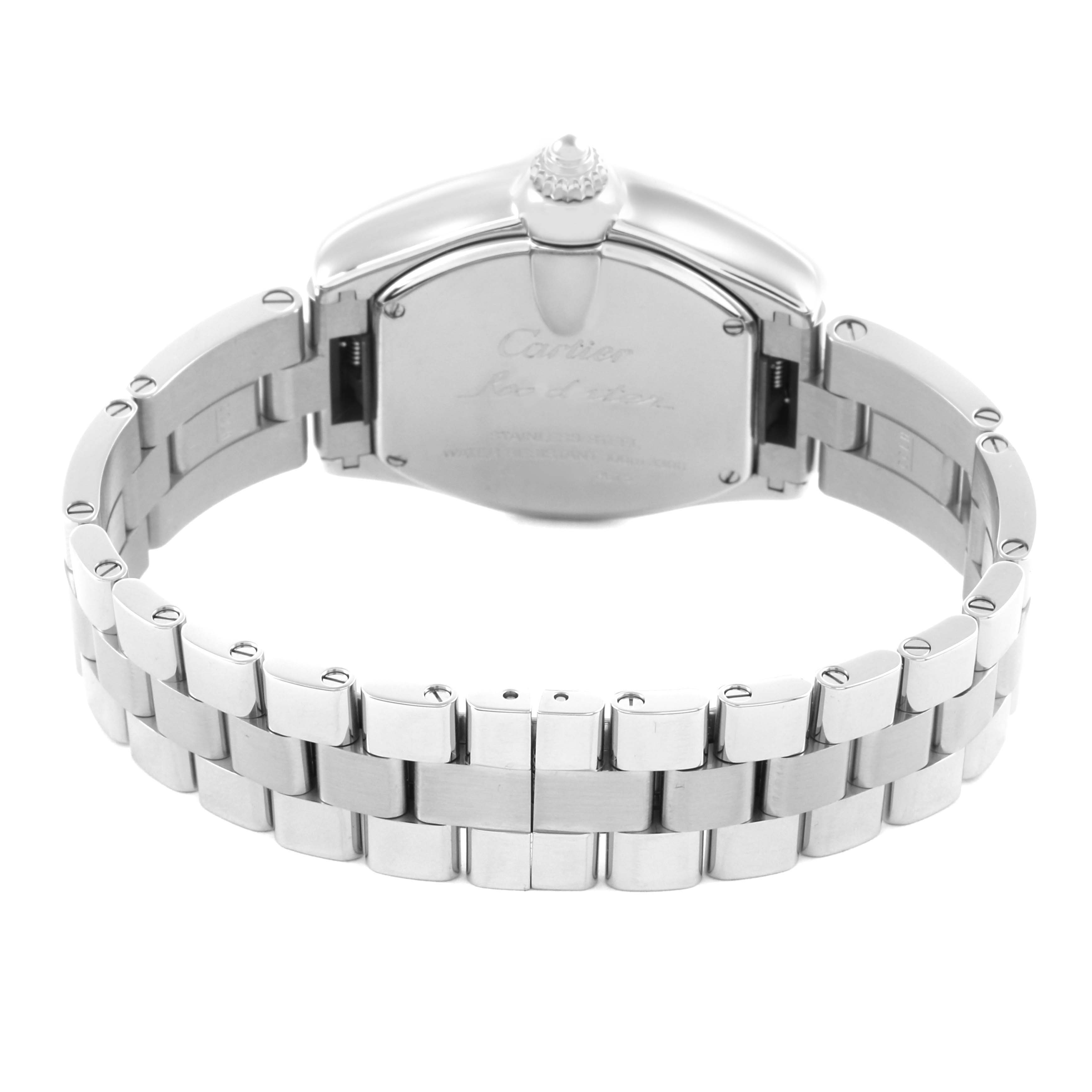 The image shows the back and bracelet of a Cartier Roadster W62017V3 Women's Stainless Steel Pink Dial W62017V3 Women's Stainless Steel Pink Dial watch, focusing on the clasp and links.