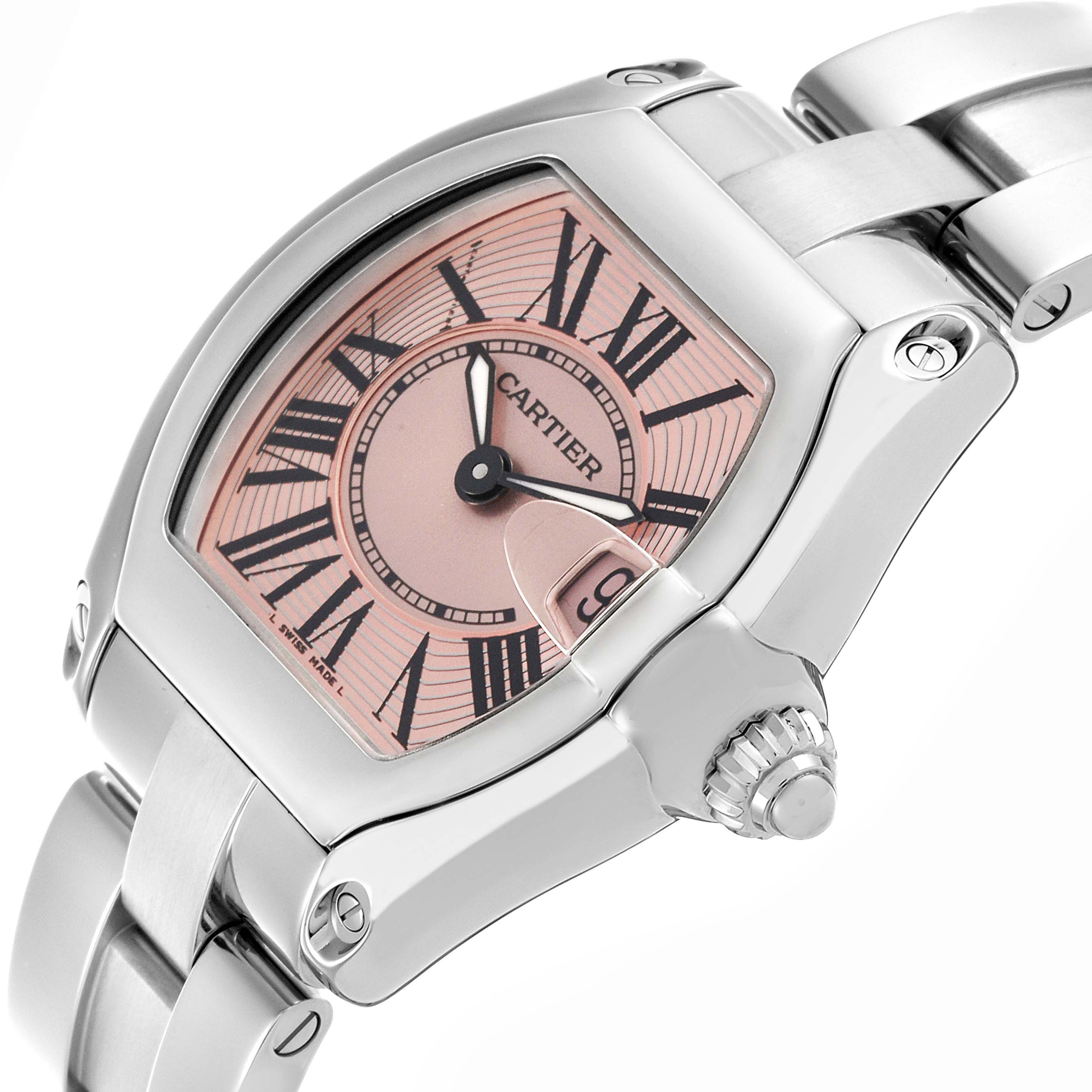 The Cartier Roadster W62017V3 Women's Stainless Steel Pink Dial W62017V3 Women's Stainless Steel Pink Dial watch is shown from a side angle, highlighting its pink dial, Roman numerals, and metallic strap.