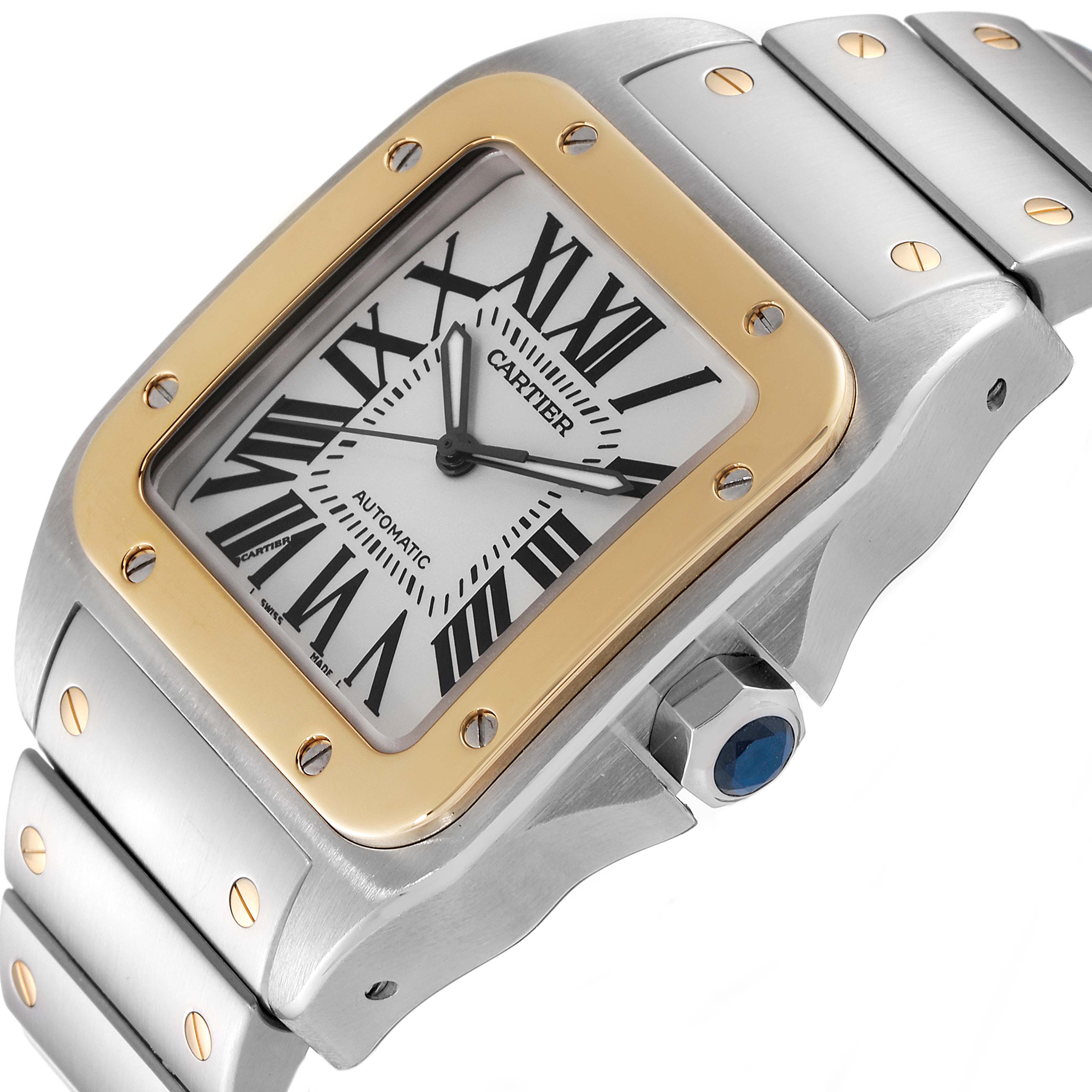 The image shows a close-up of the Cartier Santos W200728G Men's Steel and Gold (two tone) Silver Dial W200728G Men's Steel and Gold (two tone) Silver Dial watch face, bezel, crown, and part of the bracelet at an angle.