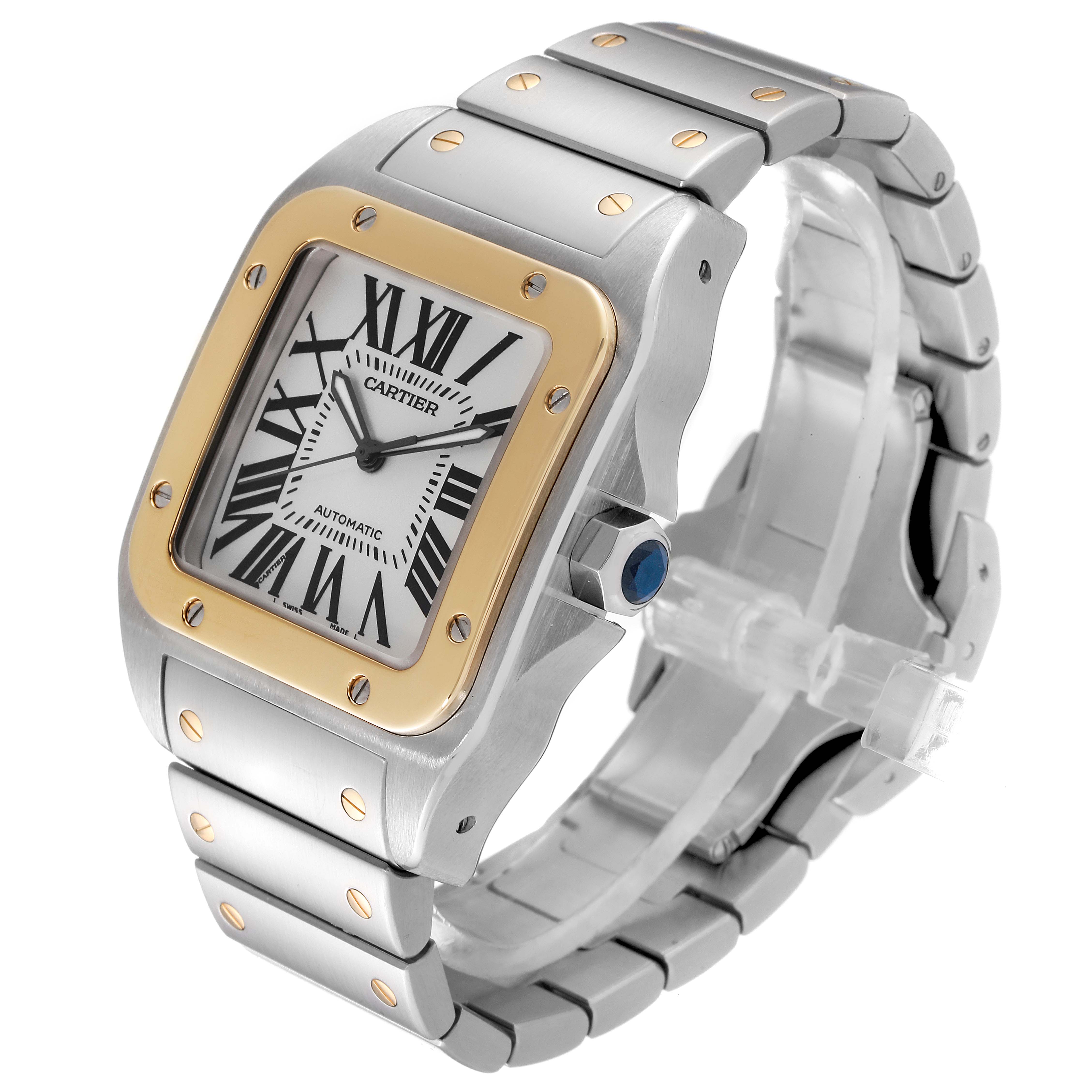 The image shows a Cartier Santos W200728G Men's Steel and Gold (two tone) Silver Dial W200728G Men's Steel and Gold (two tone) Silver Dial watch at an angle highlighting the face, bezel, crown, and bracelet.