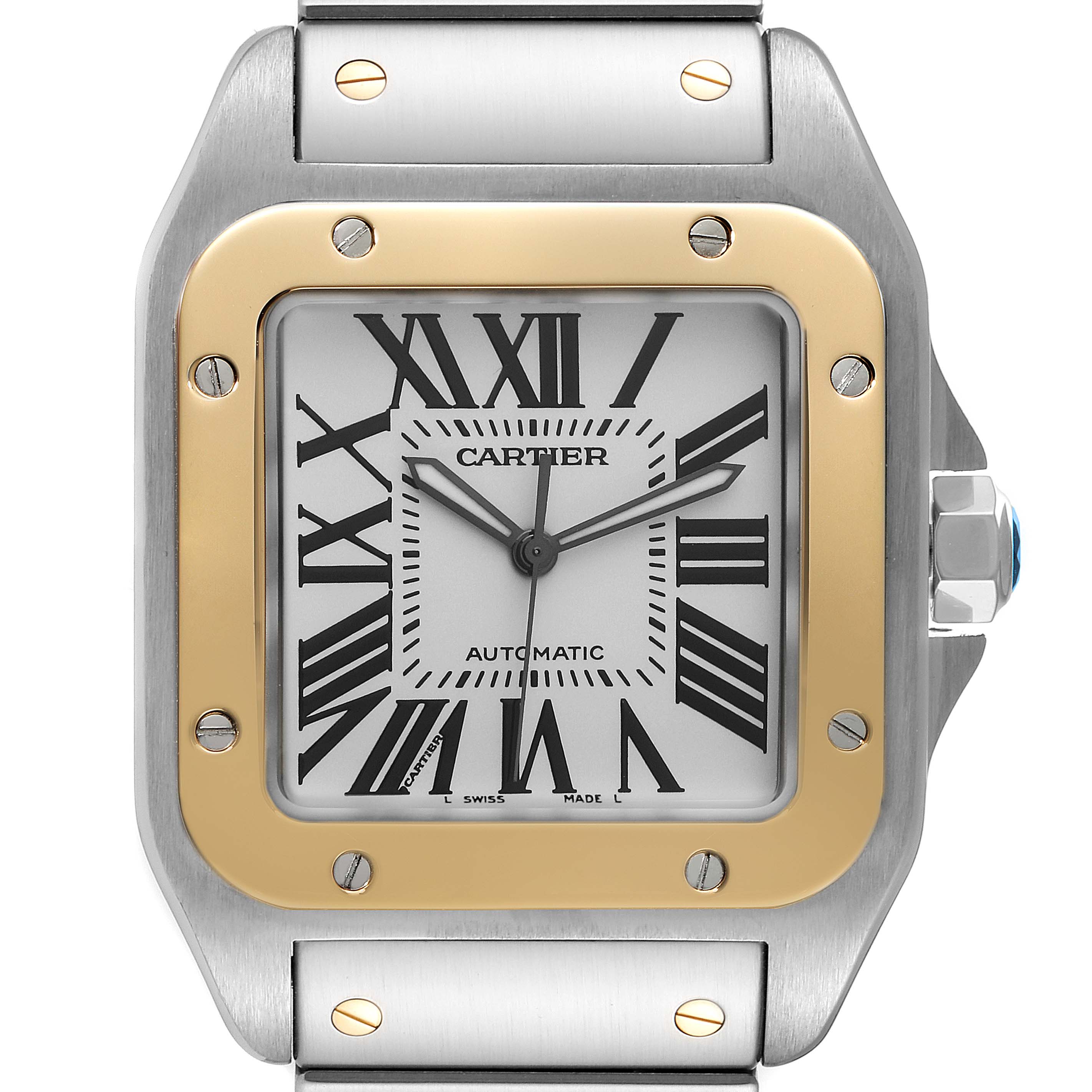 This image shows a close-up, front view of the Cartier Santos W200728G Men's Steel and Gold (two tone) Silver Dial W200728G Men's Steel and Gold (two tone) Silver Dial watch, highlighting the dial and part of the bezel and bracelet.