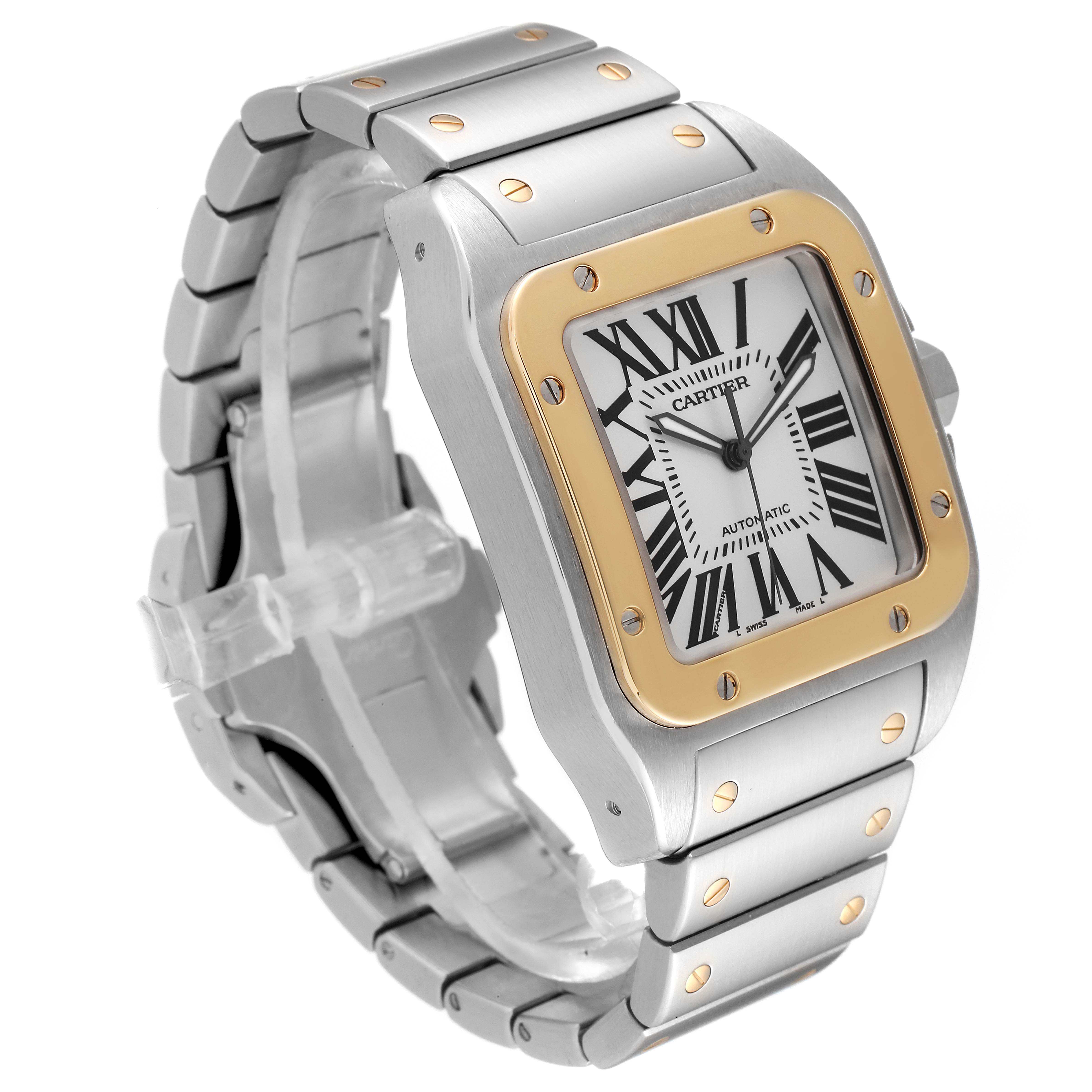 The image shows a Cartier Santos W200728G Men's Steel and Gold (two tone) Silver Dial W200728G Men's Steel and Gold (two tone) Silver Dial watch at a three-quarter angle, highlighting its face, bezel, and part of the bracelet.