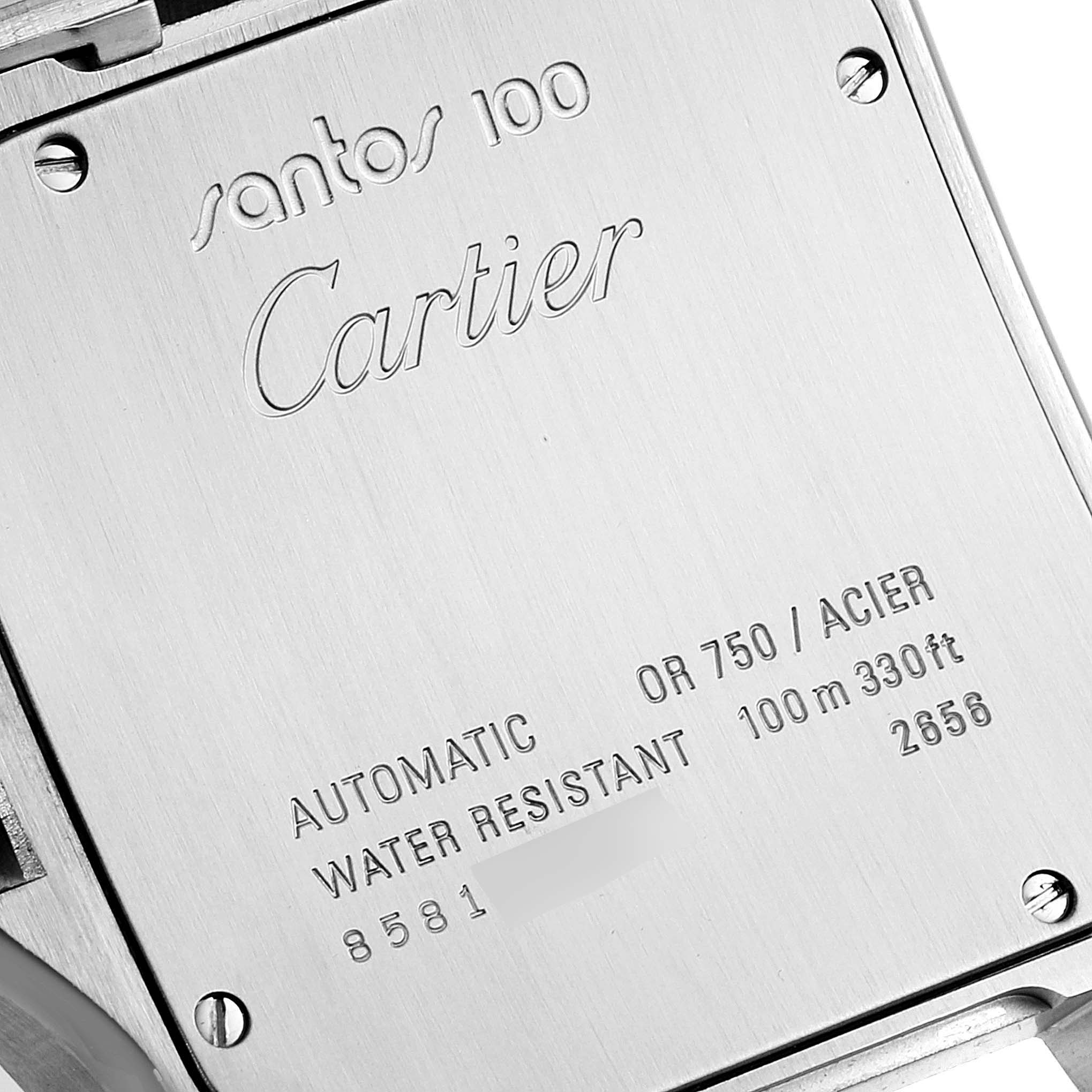 The image shows the back casing of the Cartier Santos W200728G Men's Steel and Gold (two tone) Silver Dial W200728G Men's Steel and Gold (two tone) Silver Dial 100 watch, detailing its specifications.