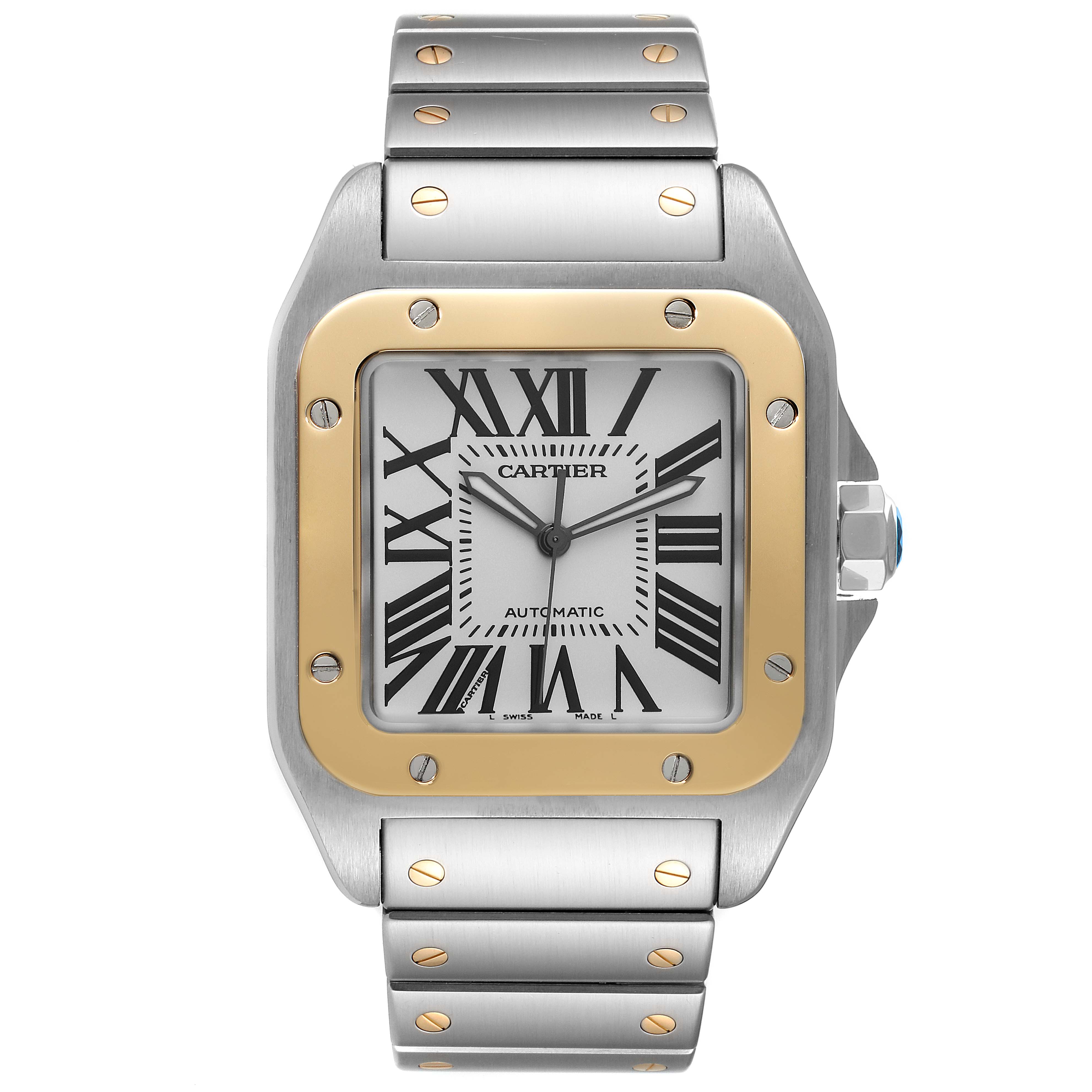 This image shows a frontal view of the Cartier Santos W200728G Men's Steel and Gold (two tone) Silver Dial W200728G Men's Steel and Gold (two tone) Silver Dial watch, highlighting its face, bezel, and part of the bracelet.