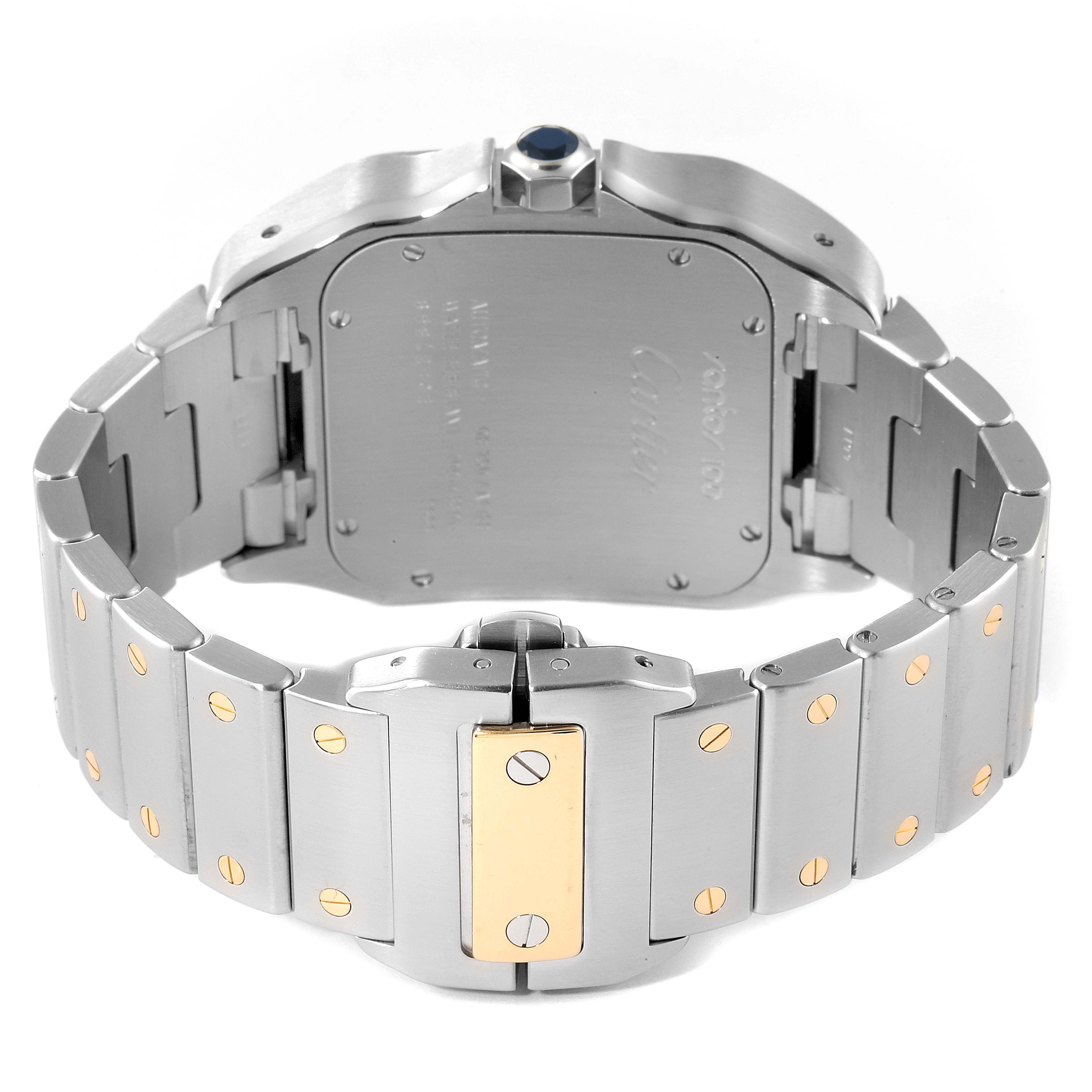 The image shows the back of a Cartier Santos W200728G Men's Steel and Gold (two tone) Silver Dial W200728G Men's Steel and Gold (two tone) Silver Dial watch, highlighting the bracelet and case back.