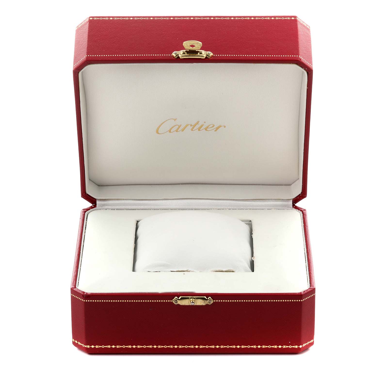 The image shows an open Cartier watch box for the Santos Demoiselle model, highlighting the red exterior and white interior.
