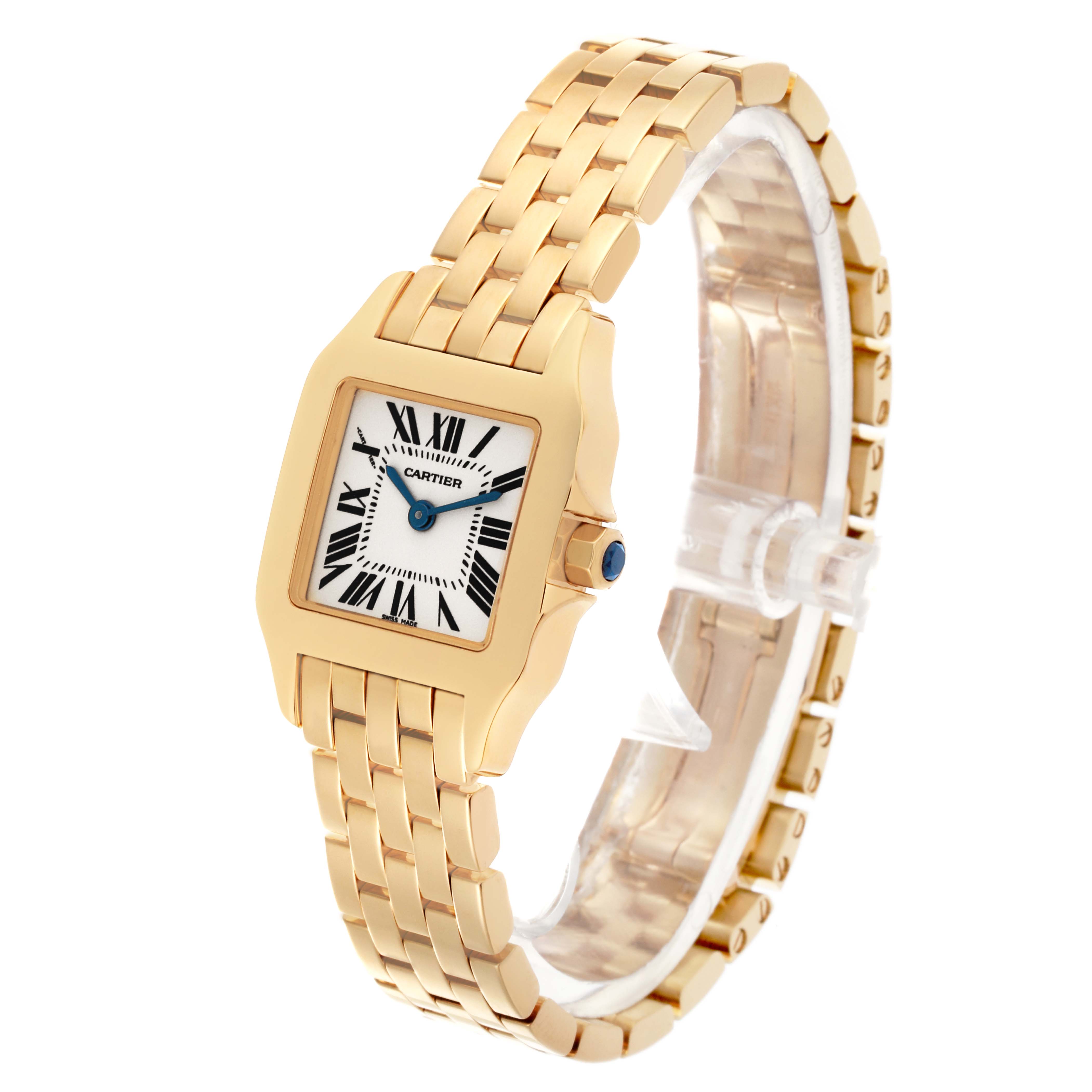 The Cartier Santos Demoiselle W25063X9 Women's Yellow Gold Silver Dial W25063X9 Women's Yellow Gold Silver Dial watch is shown at an angle highlighting the face, bezel, and gold bracelet.