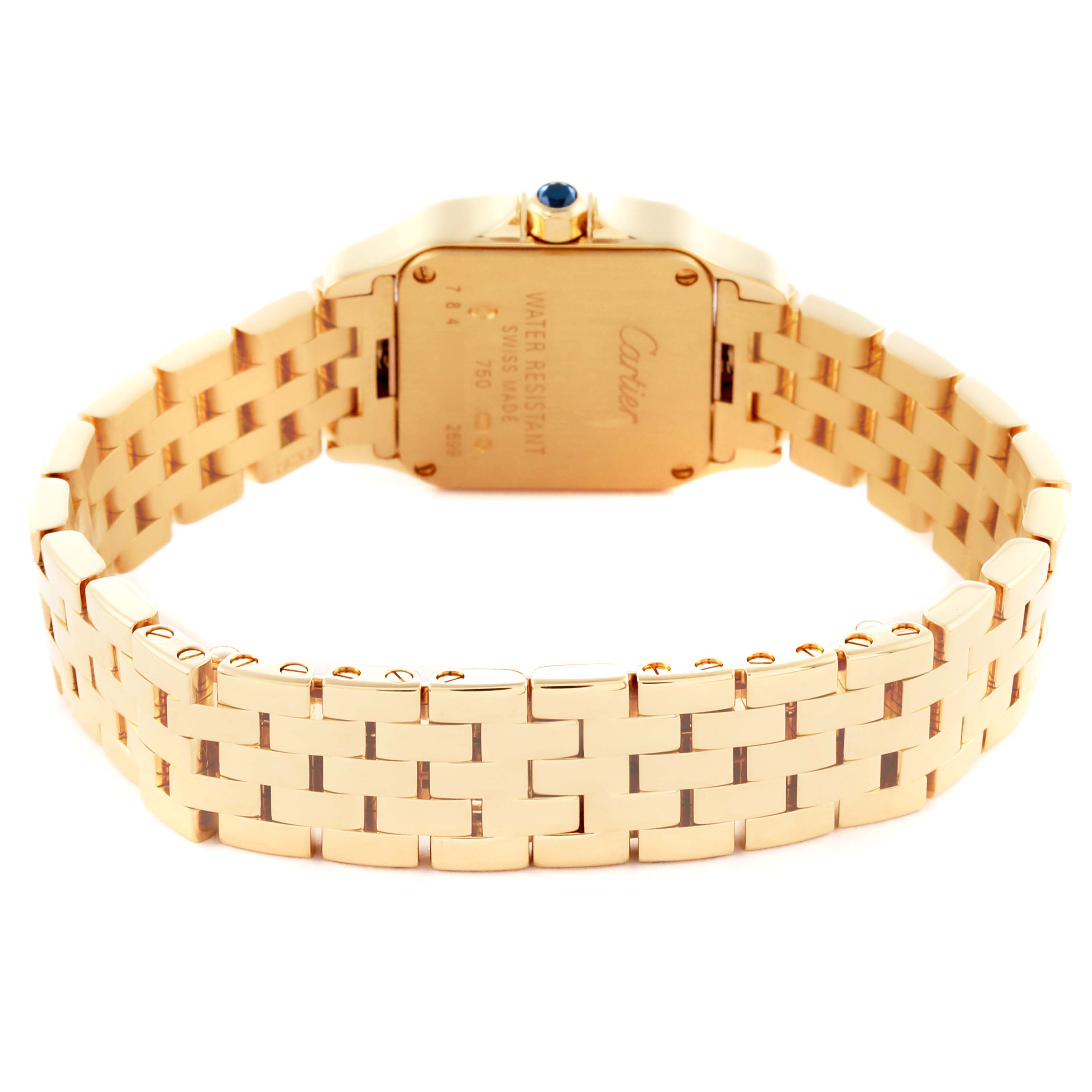 The image shows the back and bracelet of the Cartier Santos Demoiselle W25063X9 Women's Yellow Gold Silver Dial W25063X9 Women's Yellow Gold Silver Dial watch at a rear angle.