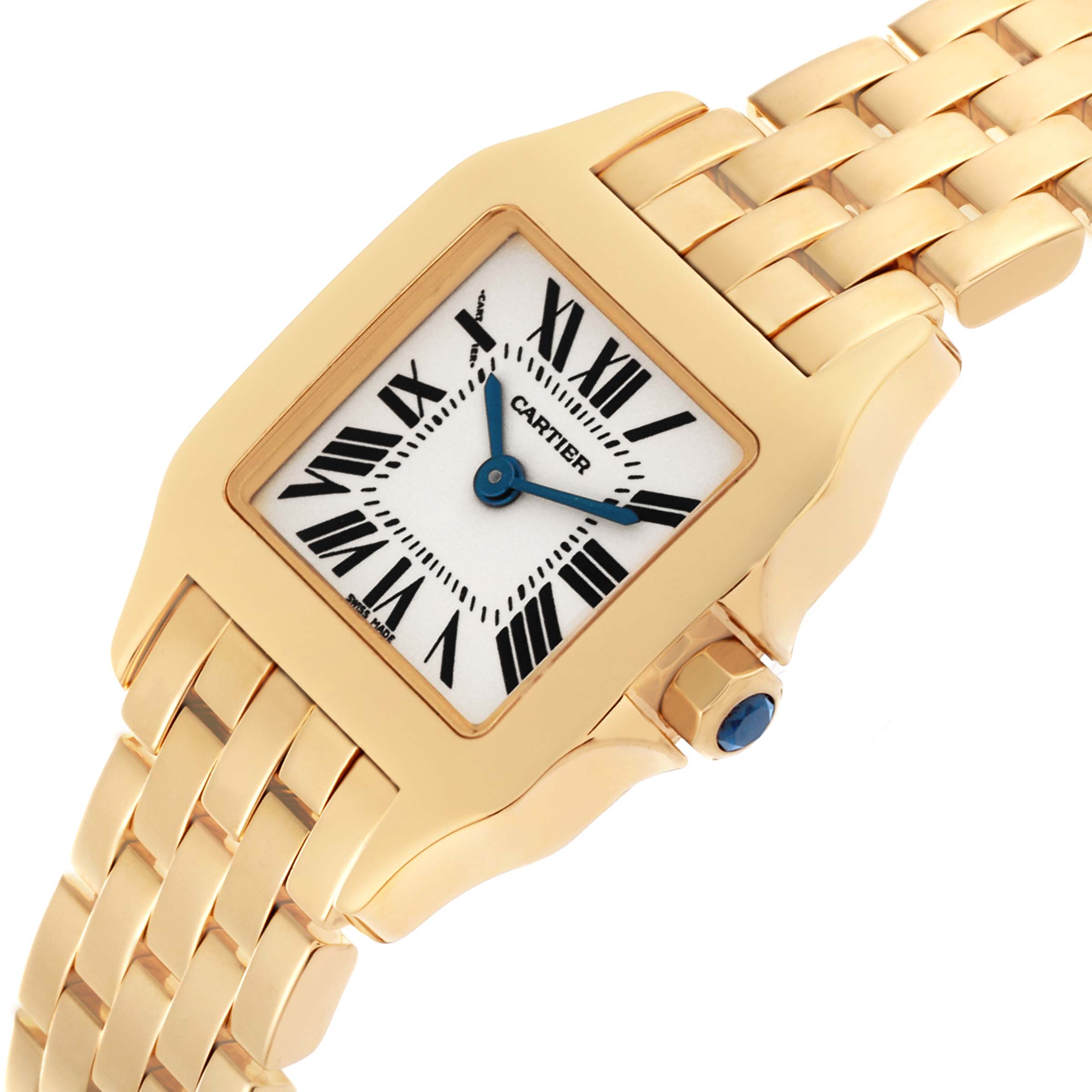 The Cartier Santos Demoiselle W25063X9 Women's Yellow Gold Silver Dial W25063X9 Women's Yellow Gold Silver Dial watch is shown at an angle highlighting the gold case, Roman numeral dial, and link bracelet.