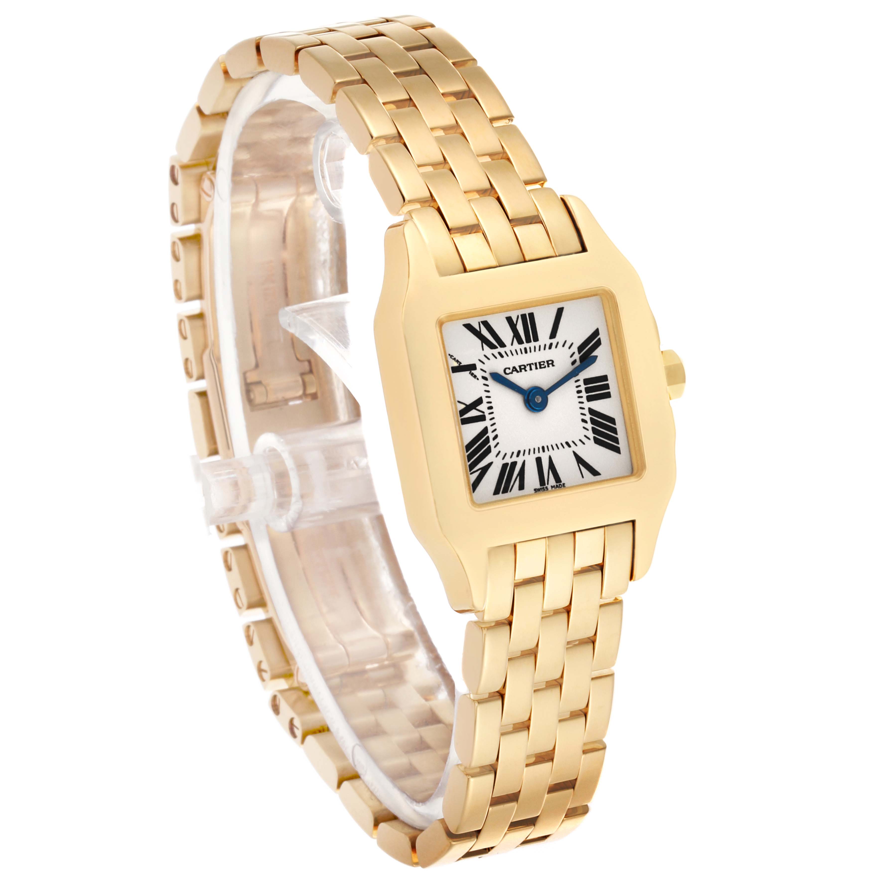 The Cartier Santos Demoiselle W25063X9 Women's Yellow Gold Silver Dial W25063X9 Women's Yellow Gold Silver Dial watch is shown at a three-quarter angle, displaying the face, case, and gold link bracelet.