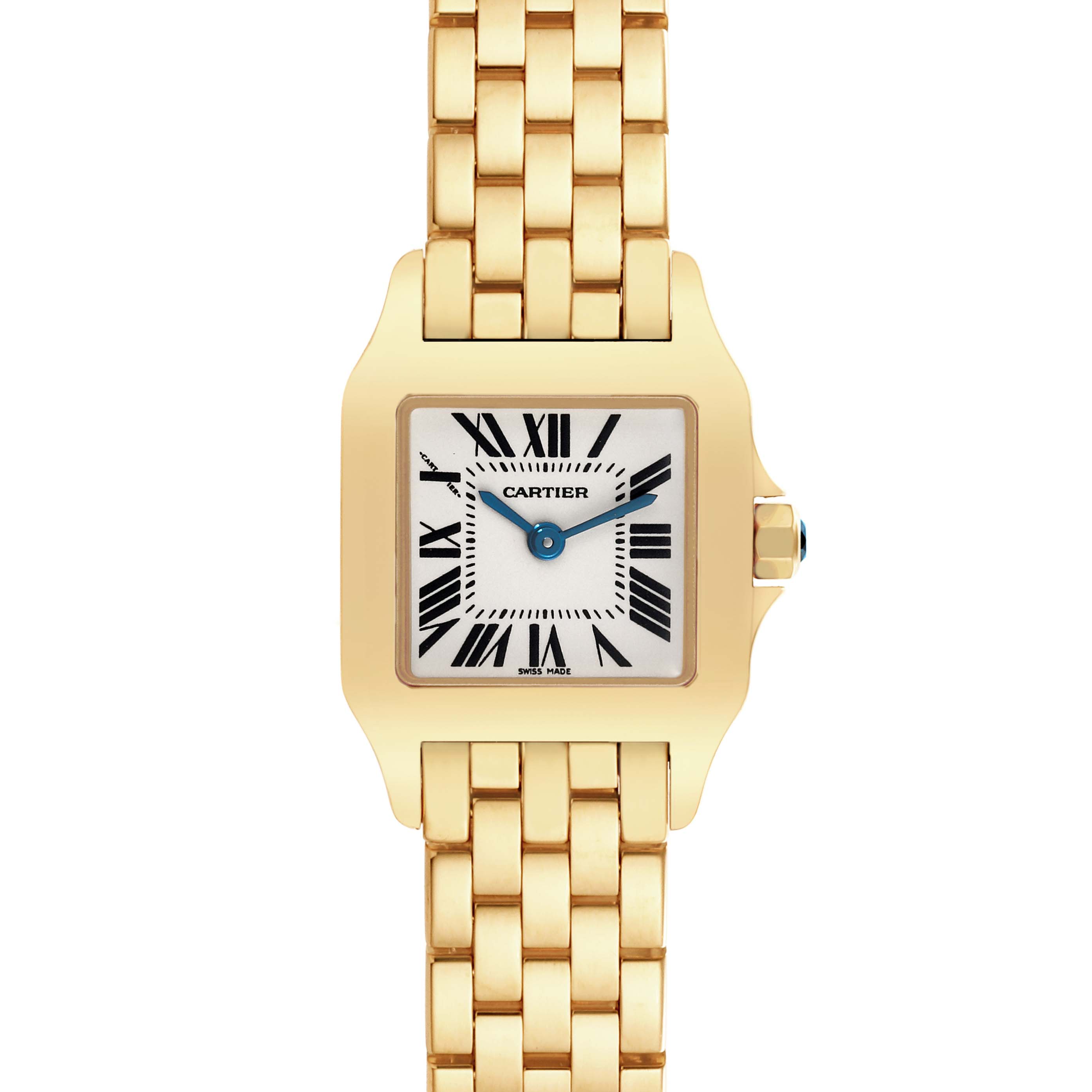 The image shows a Cartier Santos Demoiselle W25063X9 Women's Yellow Gold Silver Dial W25063X9 Women's Yellow Gold Silver Dial watch from the front, highlighting the face, bezel, and a portion of the bracelet.