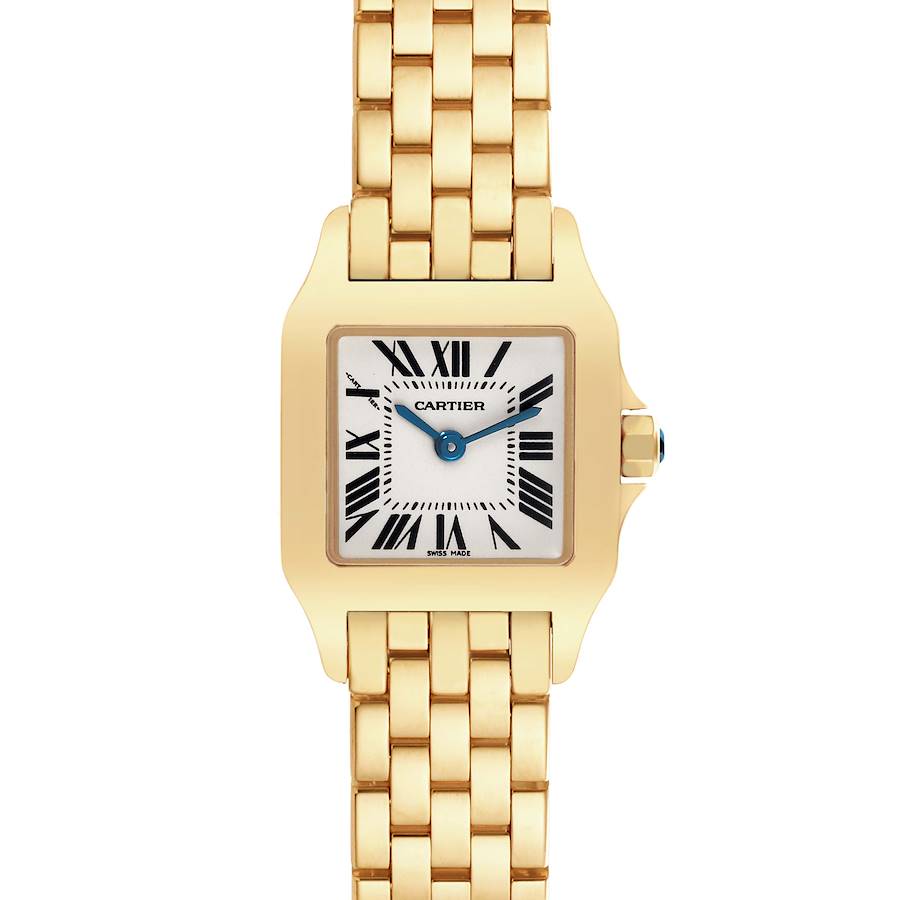 The image shows a Cartier Santos Demoiselle watch from the front, highlighting the face, bezel, and a portion of the bracelet.