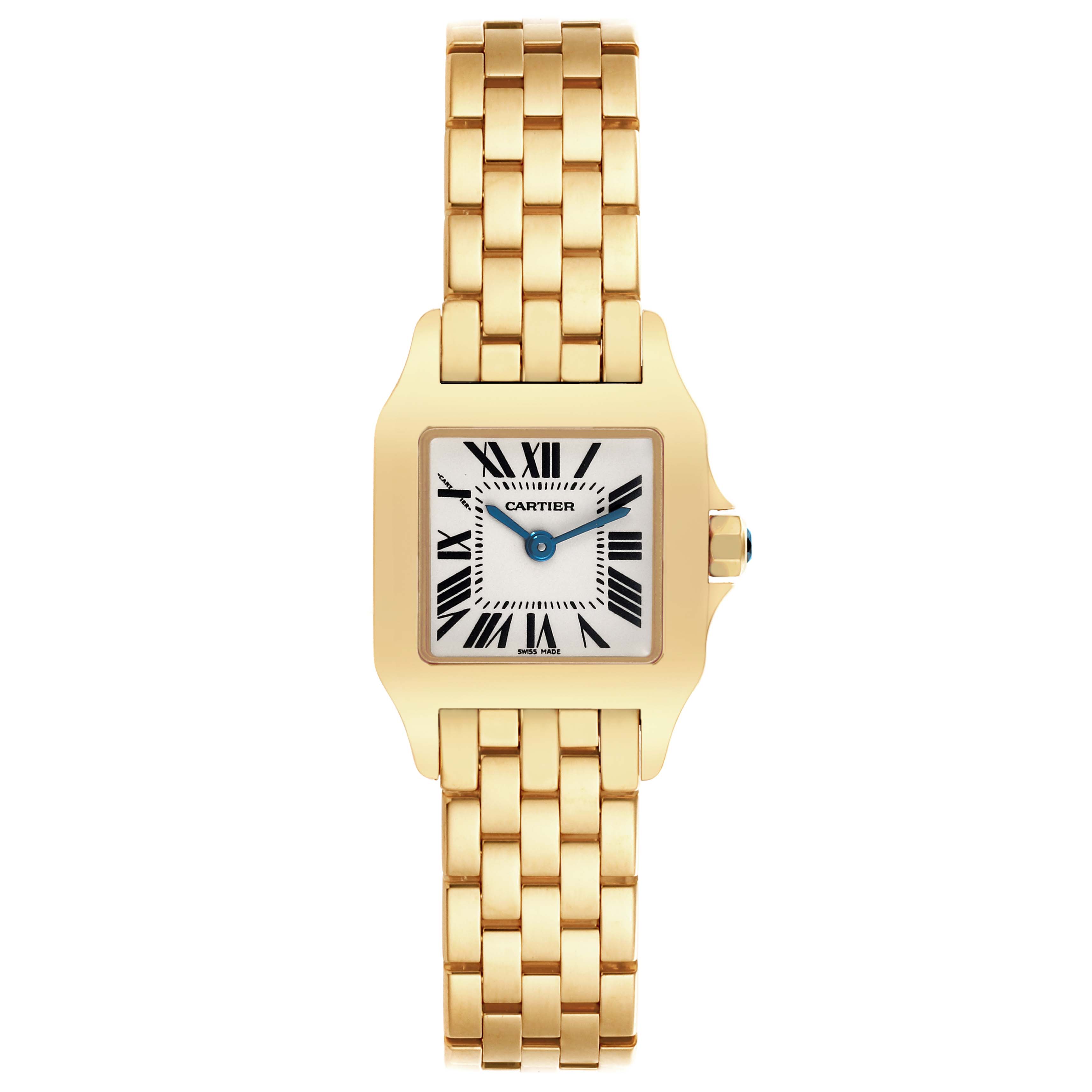 The Cartier Santos Demoiselle W25063X9 Women's Yellow Gold Silver Dial W25063X9 Women's Yellow Gold Silver Dial watch is shown from a top-down angle, displaying the face, bracelet, and crown.