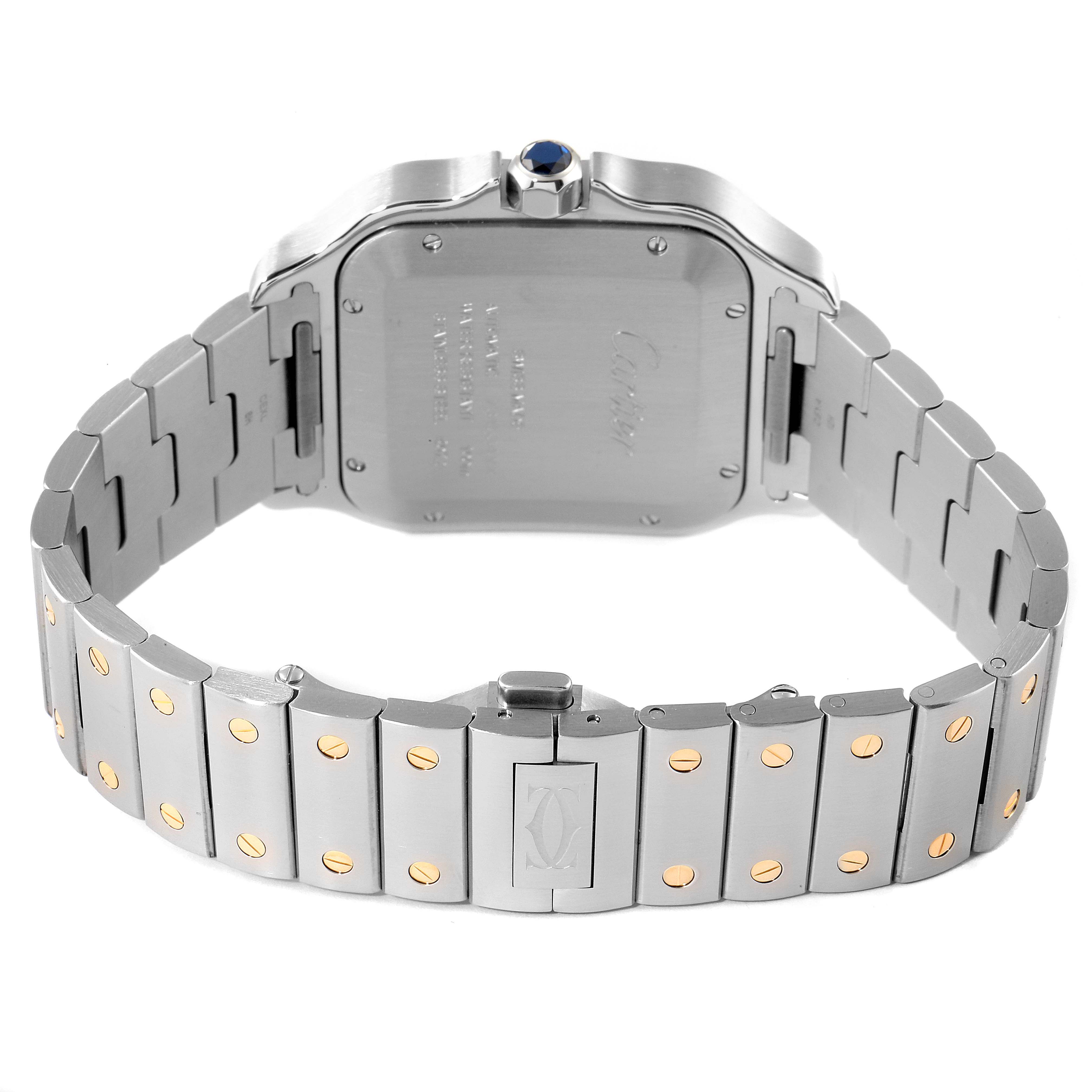 This image shows the back case and bracelet of a Cartier Santos W2SA0009 Men's Steel and Gold (two tone) Silver Dial W2SA0009 Men's Steel and Gold (two tone) Silver Dial watch, highlighting the signature screws and clasp.