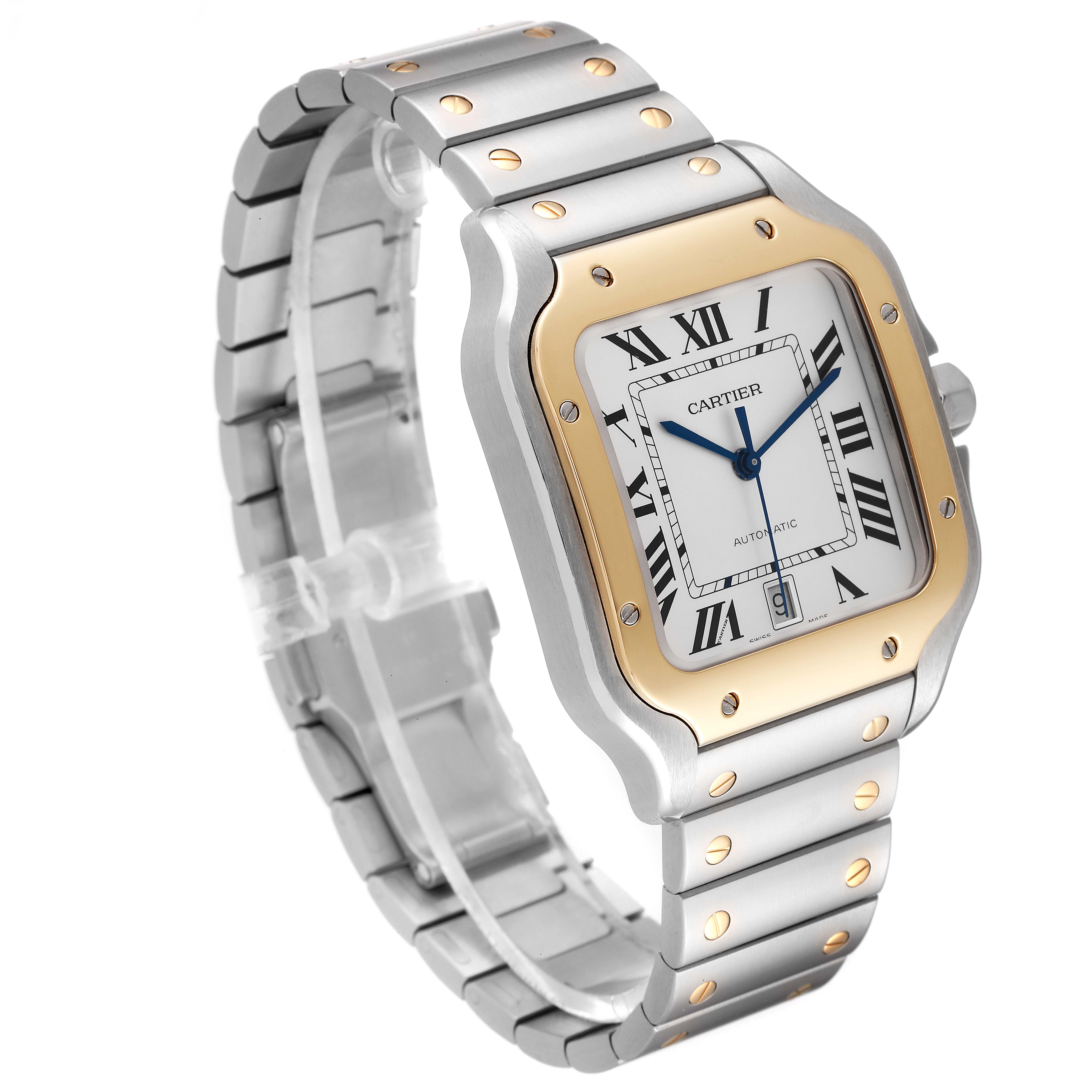 The image shows a Cartier Santos W2SA0009 Men's Steel and Gold (two tone) Silver Dial W2SA0009 Men's Steel and Gold (two tone) Silver Dial model watch at a left-side angle, highlighting its face, bezel, and band.