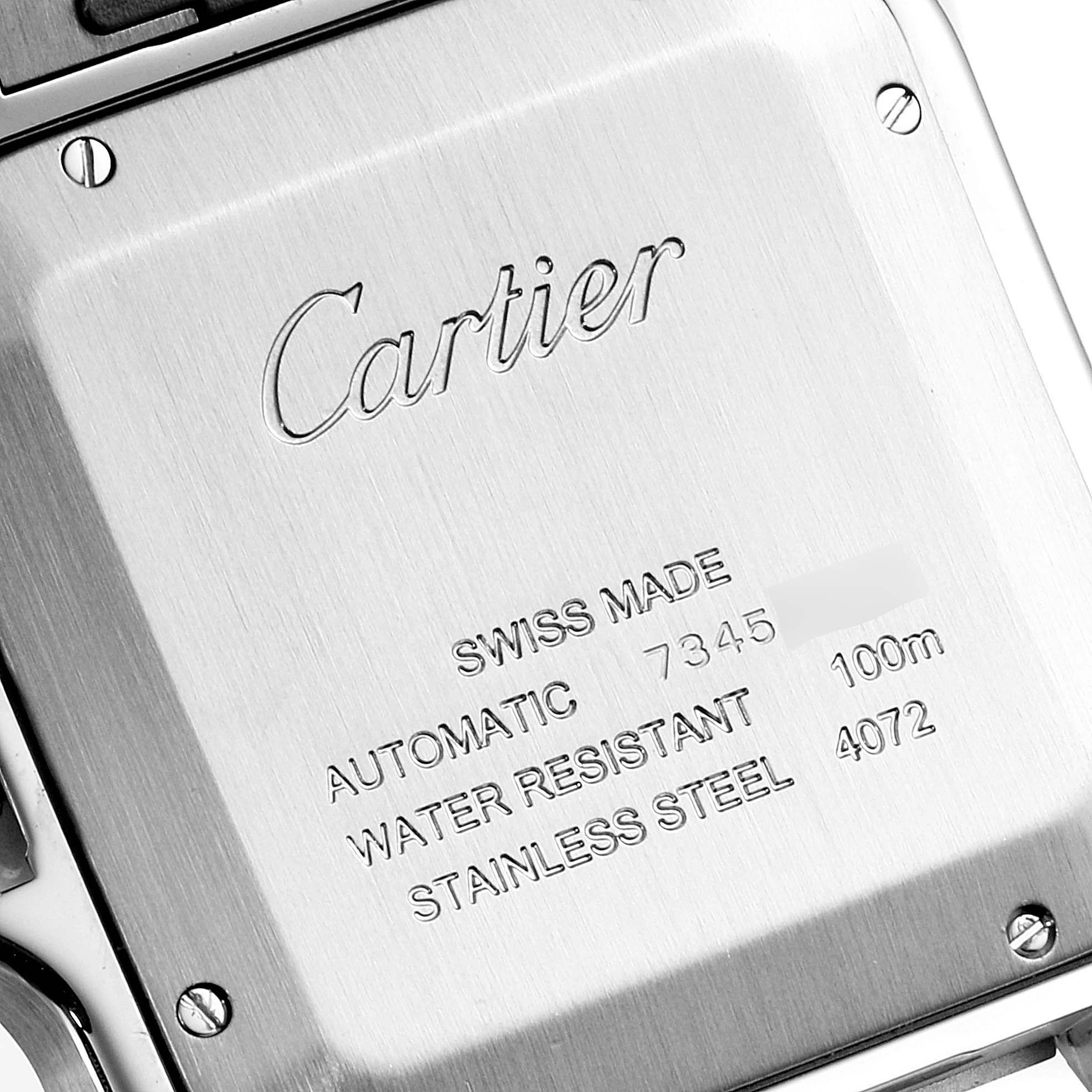 The image shows the back of a Cartier Santos W2SA0009 Men's Steel and Gold (two tone) Silver Dial W2SA0009 Men's Steel and Gold (two tone) Silver Dial watch, highlighting the engravings and specifications.
