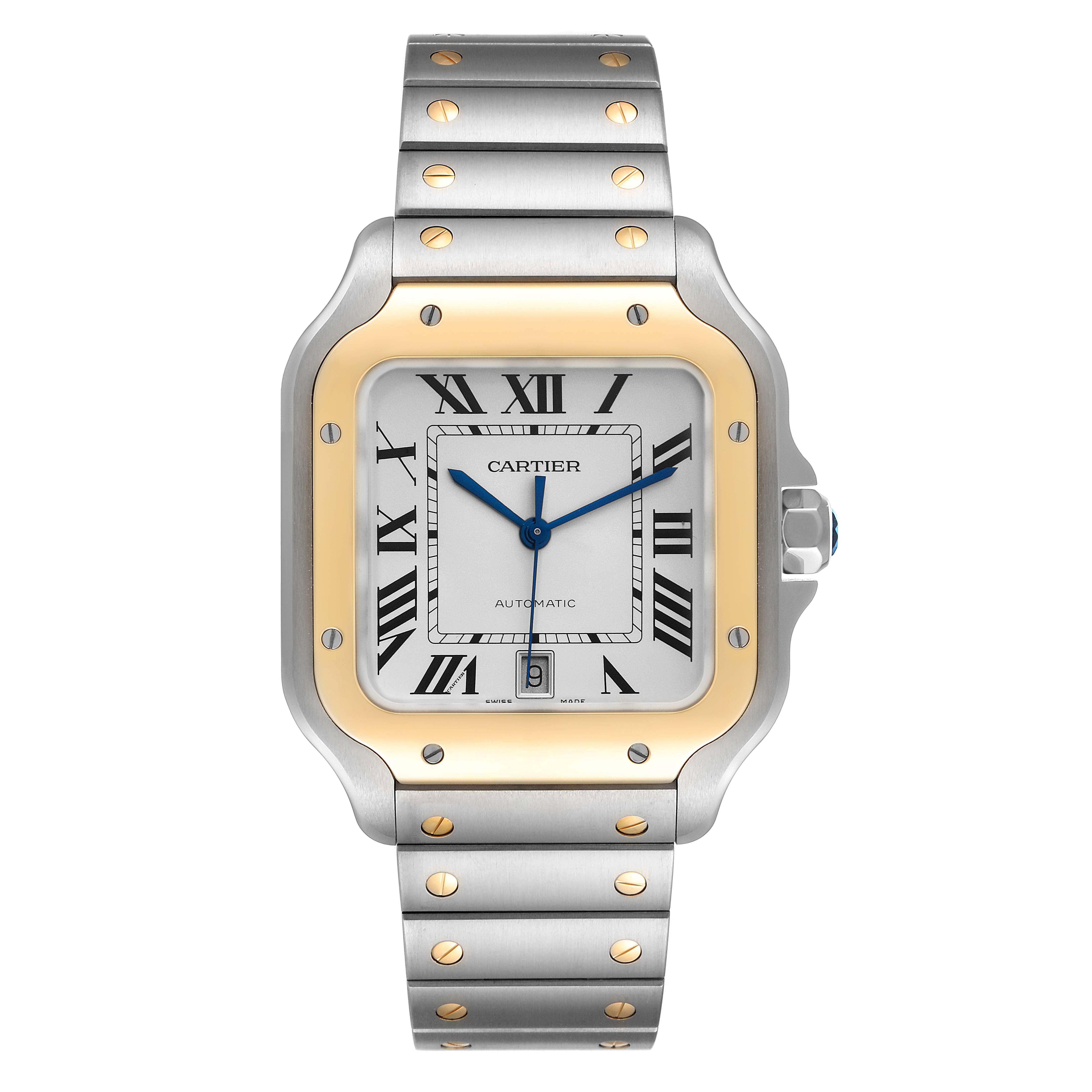 This Cartier Santos W2SA0009 Men's Steel and Gold (two tone) Silver Dial W2SA0009 Men's Steel and Gold (two tone) Silver Dial model watch is shown from a top view featuring the dial, bezel, and metal bracelet.