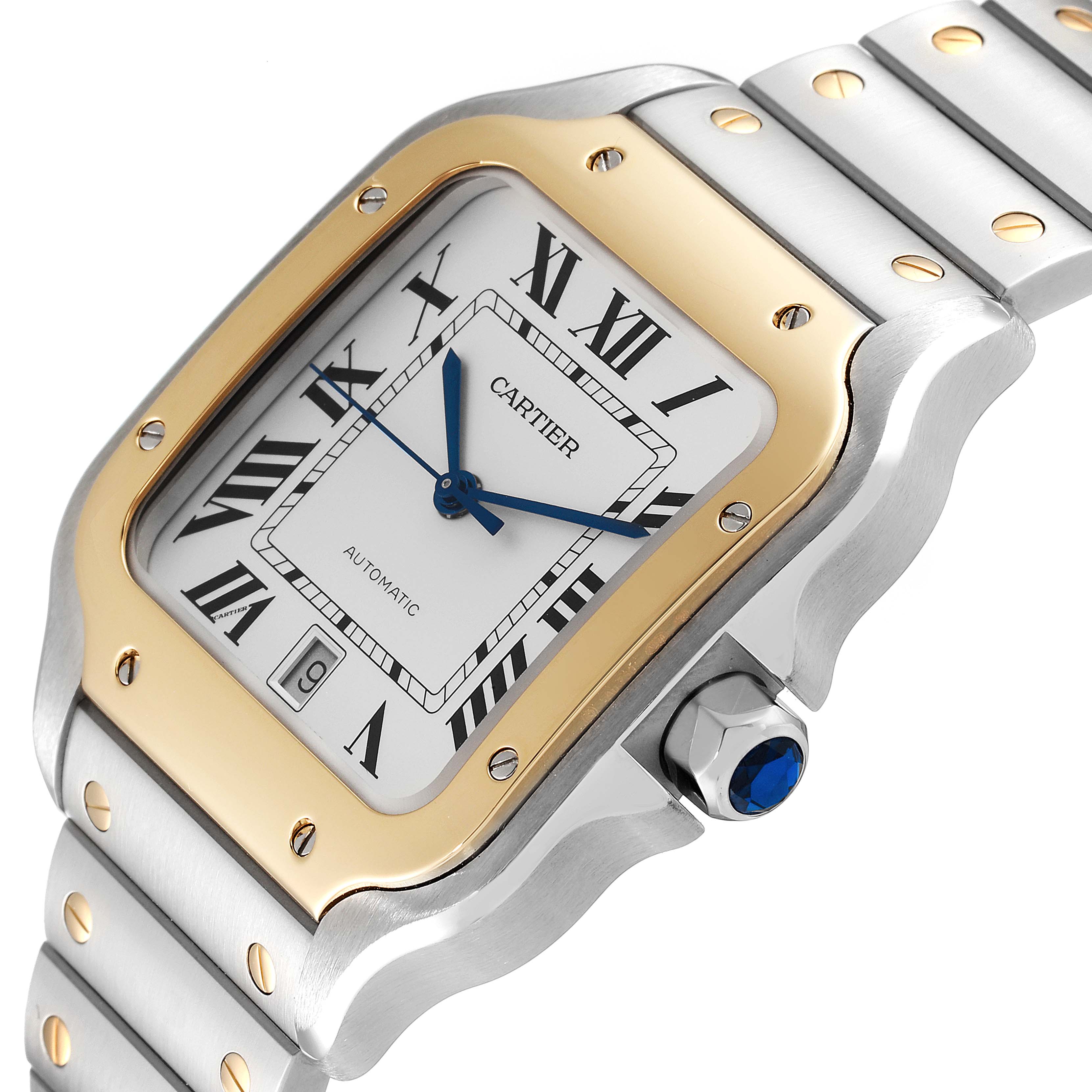 The image shows a close-up, angled view of the Cartier Santos W2SA0009 Men's Steel and Gold (two tone) Silver Dial W2SA0009 Men's Steel and Gold (two tone) Silver Dial watch, highlighting the dial, bezel, and partial bracelet.
