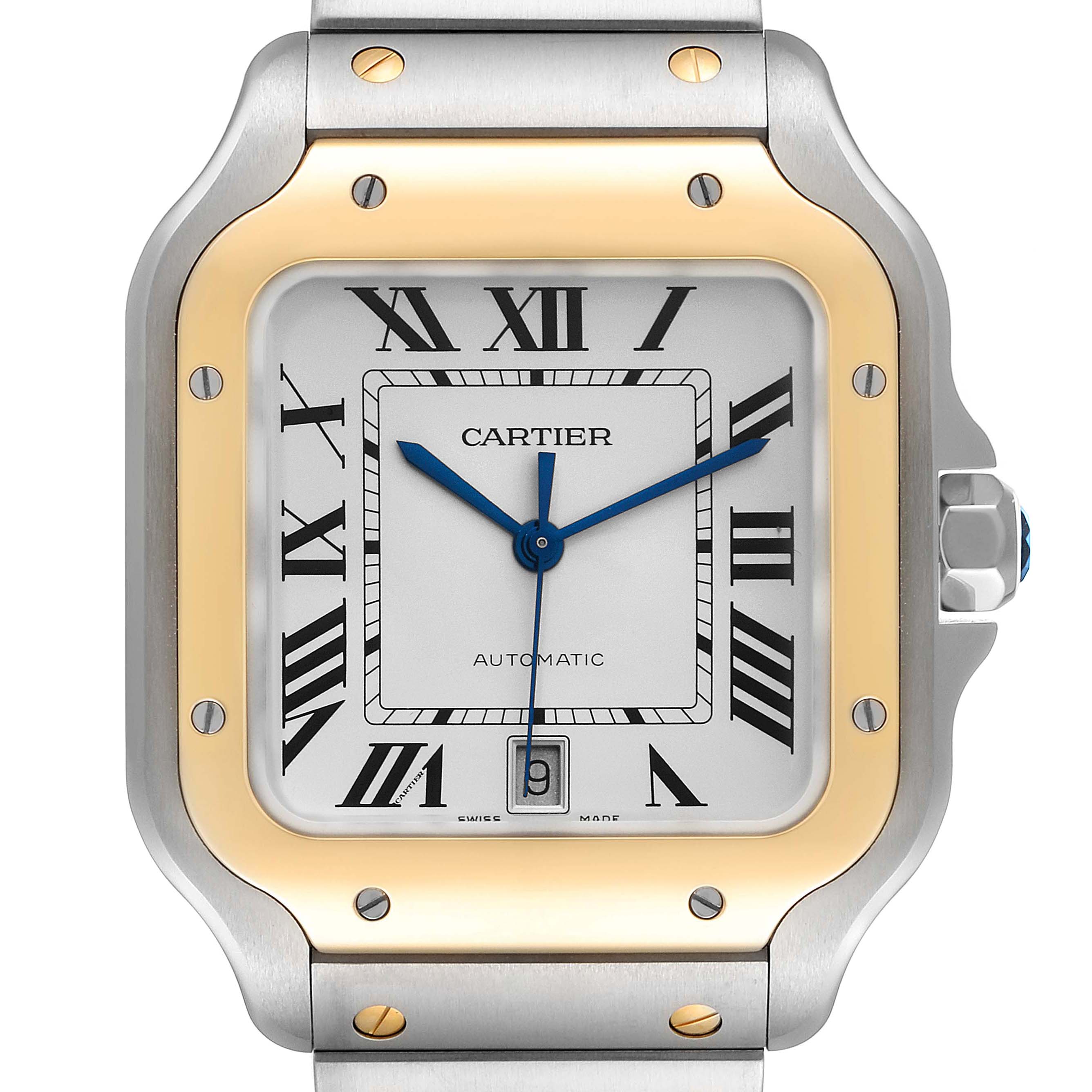 Front view of the Cartier Santos W2SA0009 Men's Steel and Gold (two tone) Silver Dial W2SA0009 Men's Steel and Gold (two tone) Silver Dial watch, showing the dial, hands, bezel, and part of the bracelet.