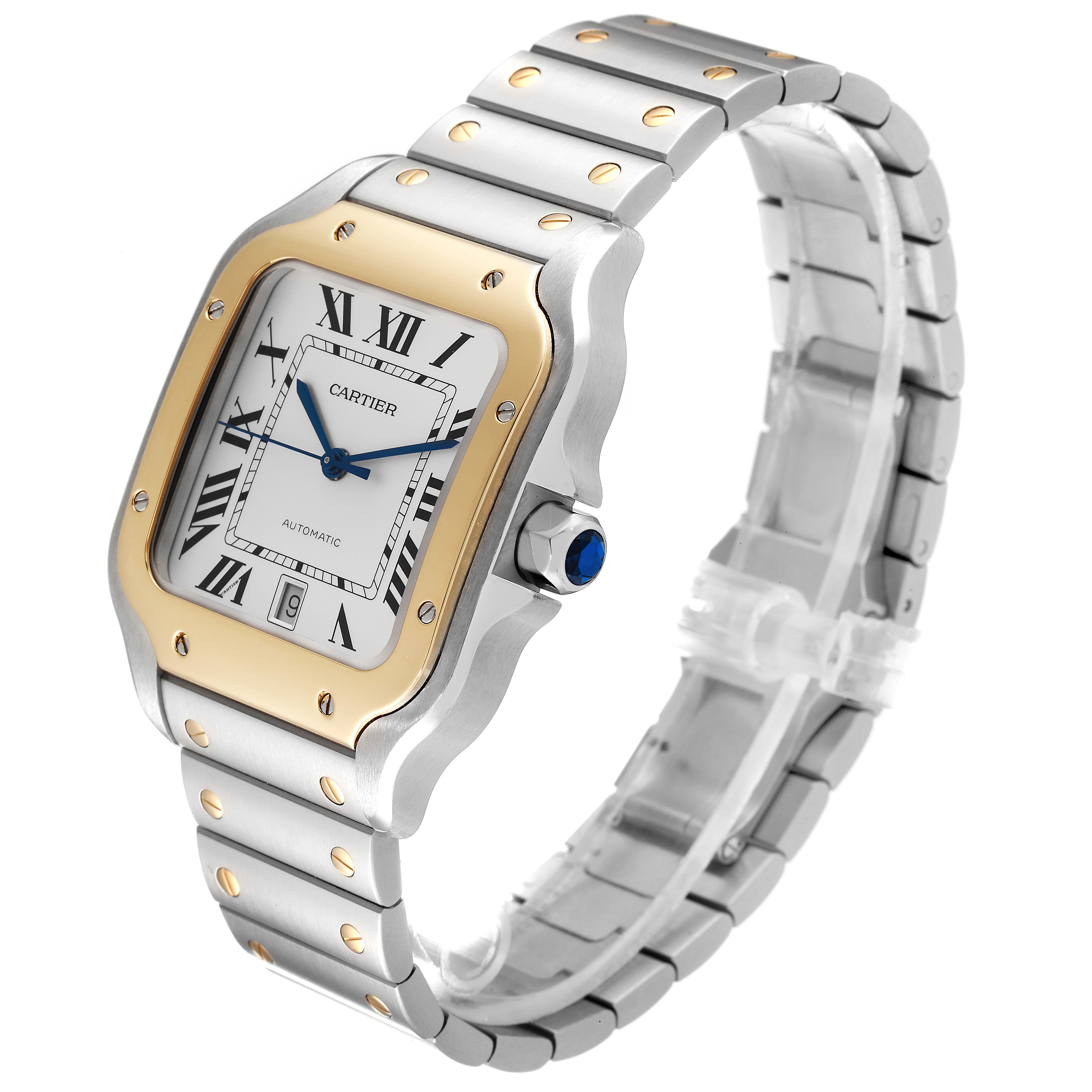 The image shows a side and top view of a Cartier Santos W2SA0009 Men's Steel and Gold (two tone) Silver Dial W2SA0009 Men's Steel and Gold (two tone) Silver Dial watch, highlighting its face, bezel, bracelet, and crown.