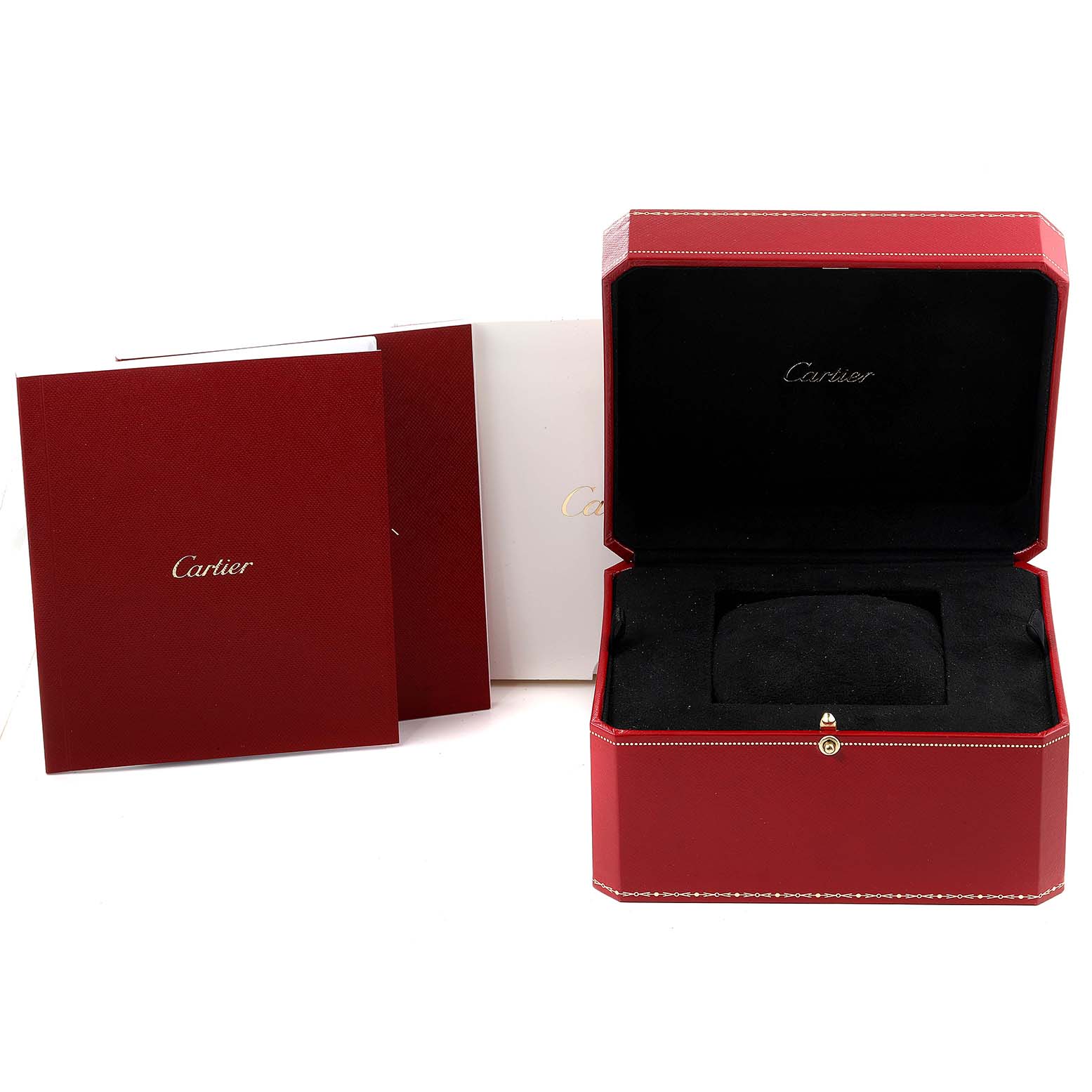 The image shows the red and black Cartier box and packaging for the Santos model by Cartier, along with accompanying paperwork.