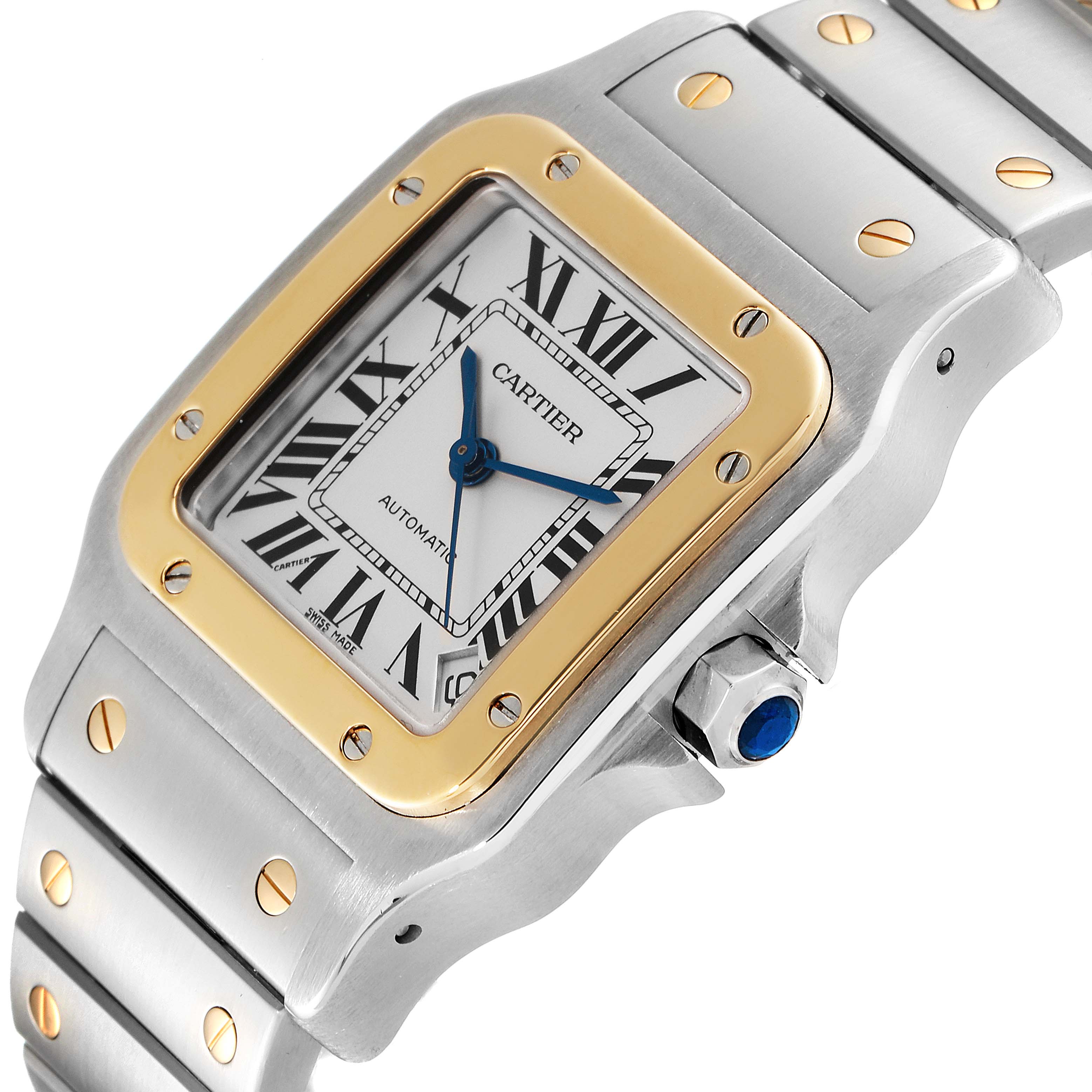 This image shows a close-up angled view of the Cartier Santos W20099C4 Men's Steel and Gold (two tone) Silver Dial W20099C4 Men's Steel and Gold (two tone) Silver Dial watch, highlighting the dial, bezel, and part of the bracelet.